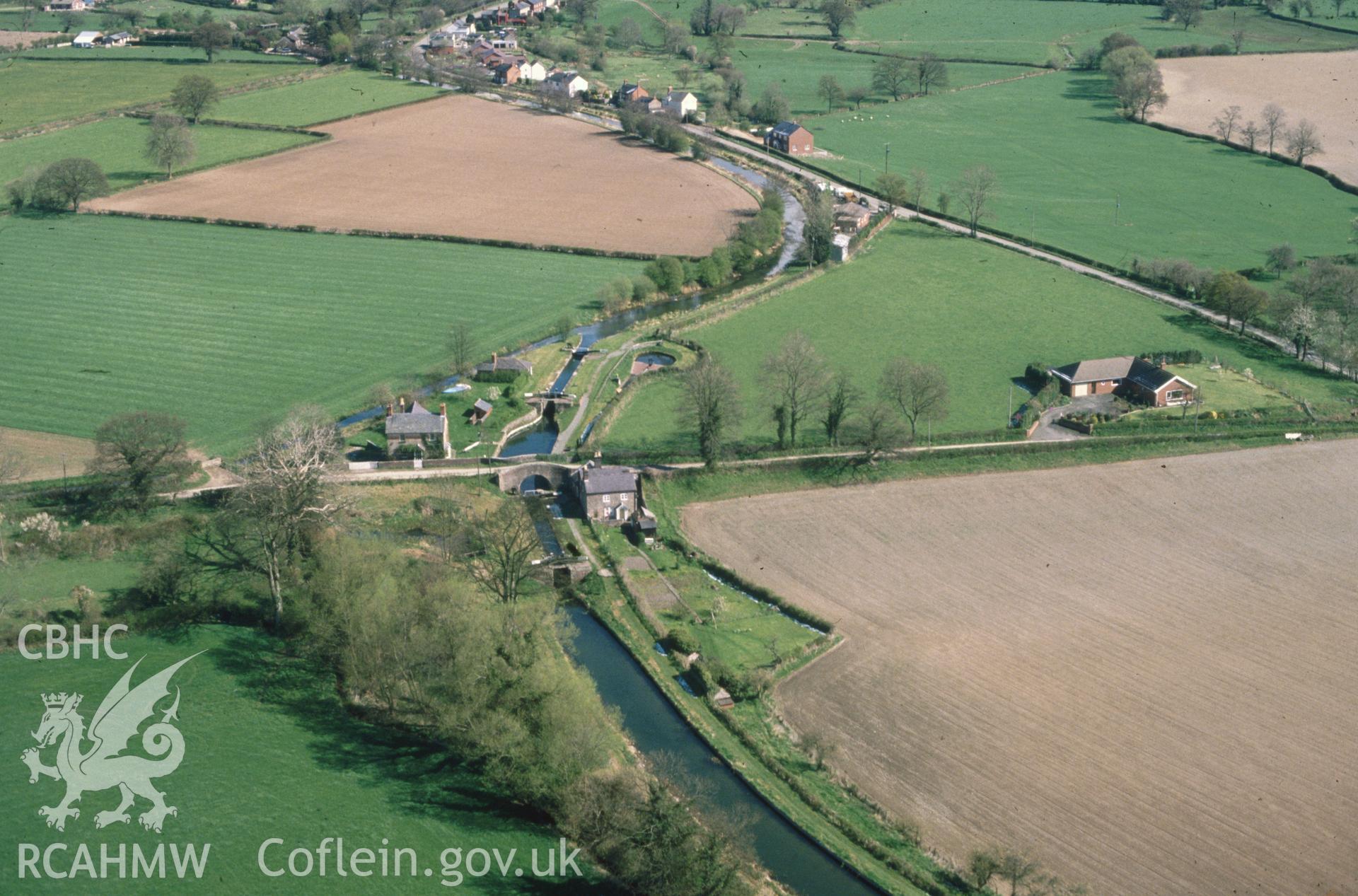 Slide of RCAHMW colour oblique aerial photograph of Careghofa Locks, taken by C.R. Musson, 25/2/1988.