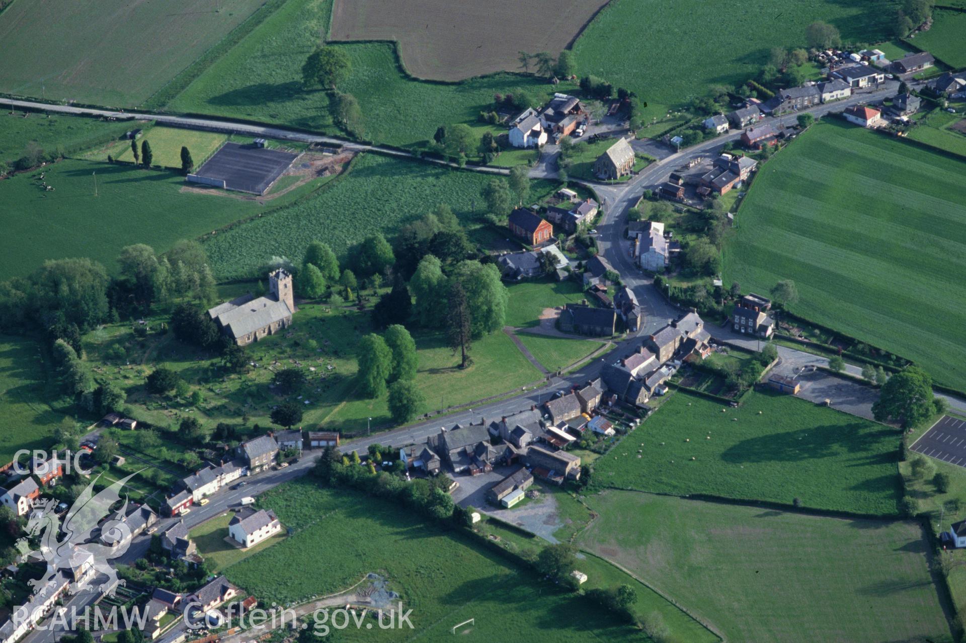 Slide of RCAHMW colour oblique aerial photograph of Meifod, taken by C.R. Musson, 15/4/1993.