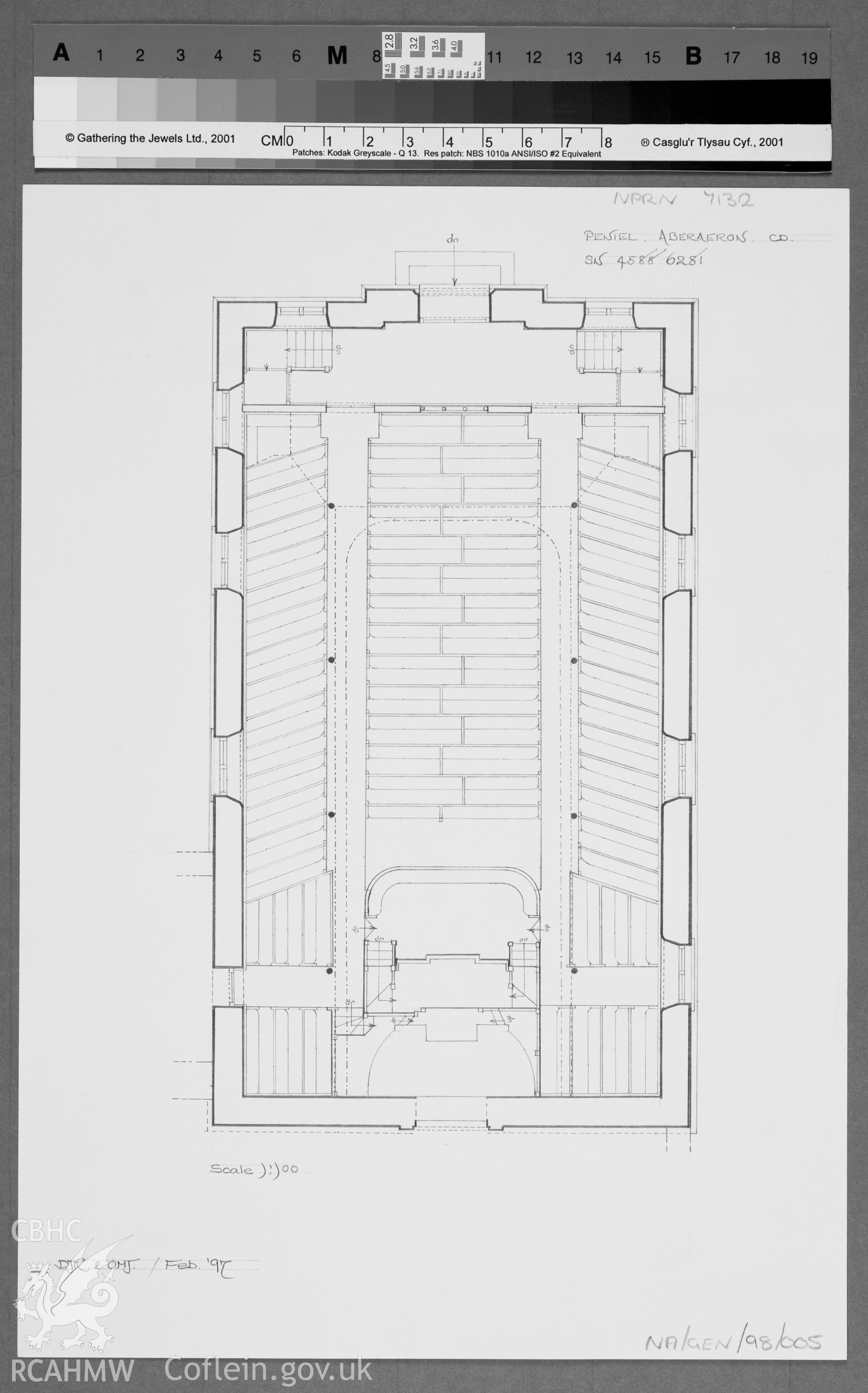 Peniel Chapel, Aberaeron; Measured drawing showing plan of chapel by Dylan Roberts and Olwen Jenkins dated February 1997.