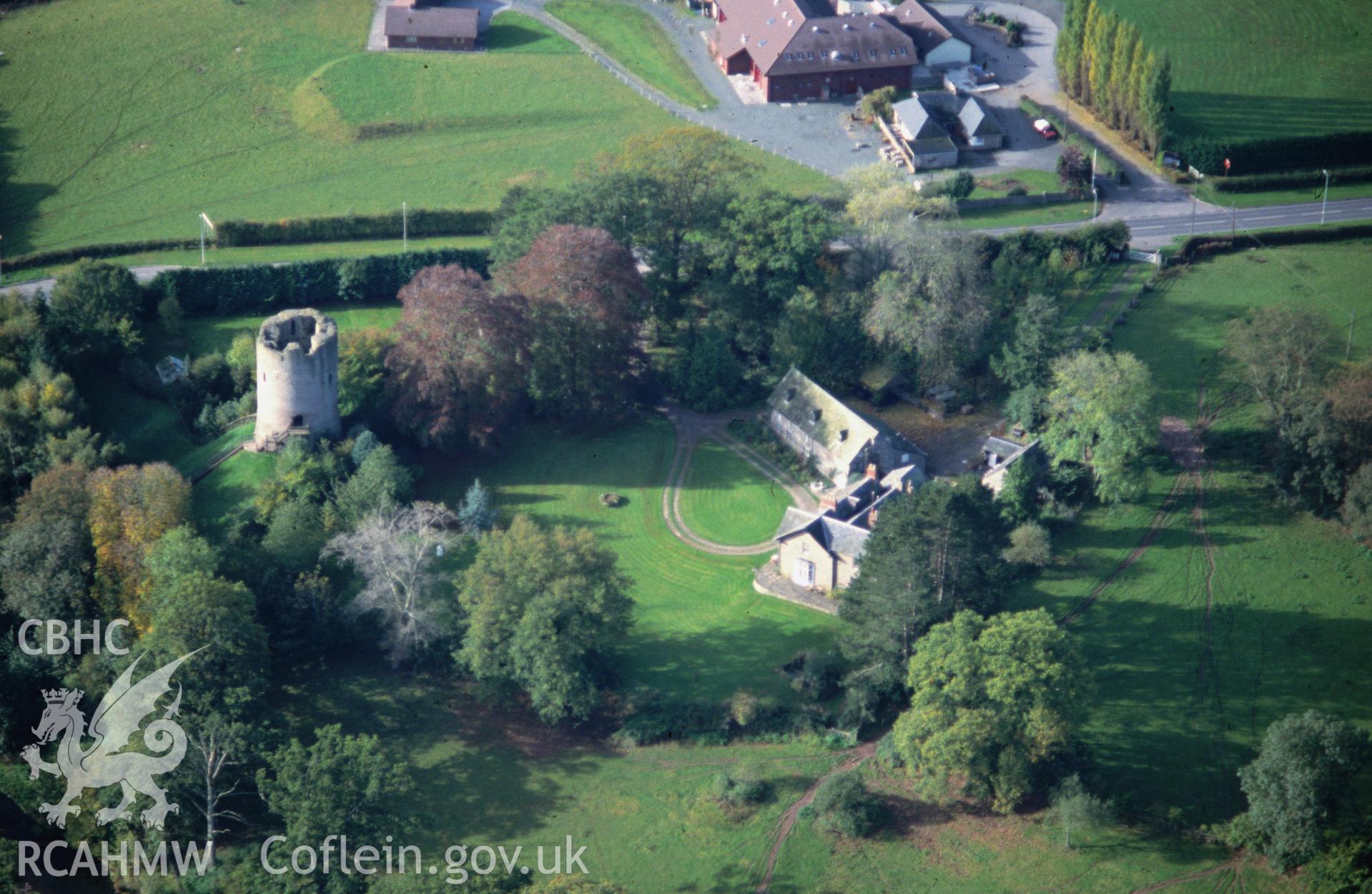 Slide of RCAHMW colour oblique aerial photograph of Bronllys Castle Tower, taken by C.R. Musson, 17/10/1992.