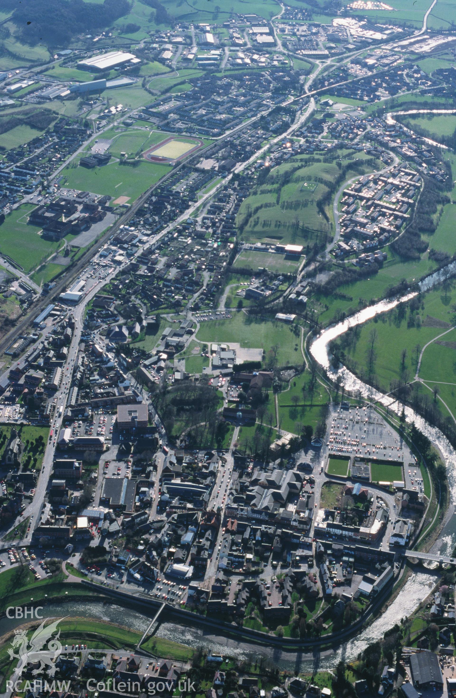Slide of RCAHMW colour oblique aerial photograph of Newtown, taken by T.G. Driver, 17/3/1999.