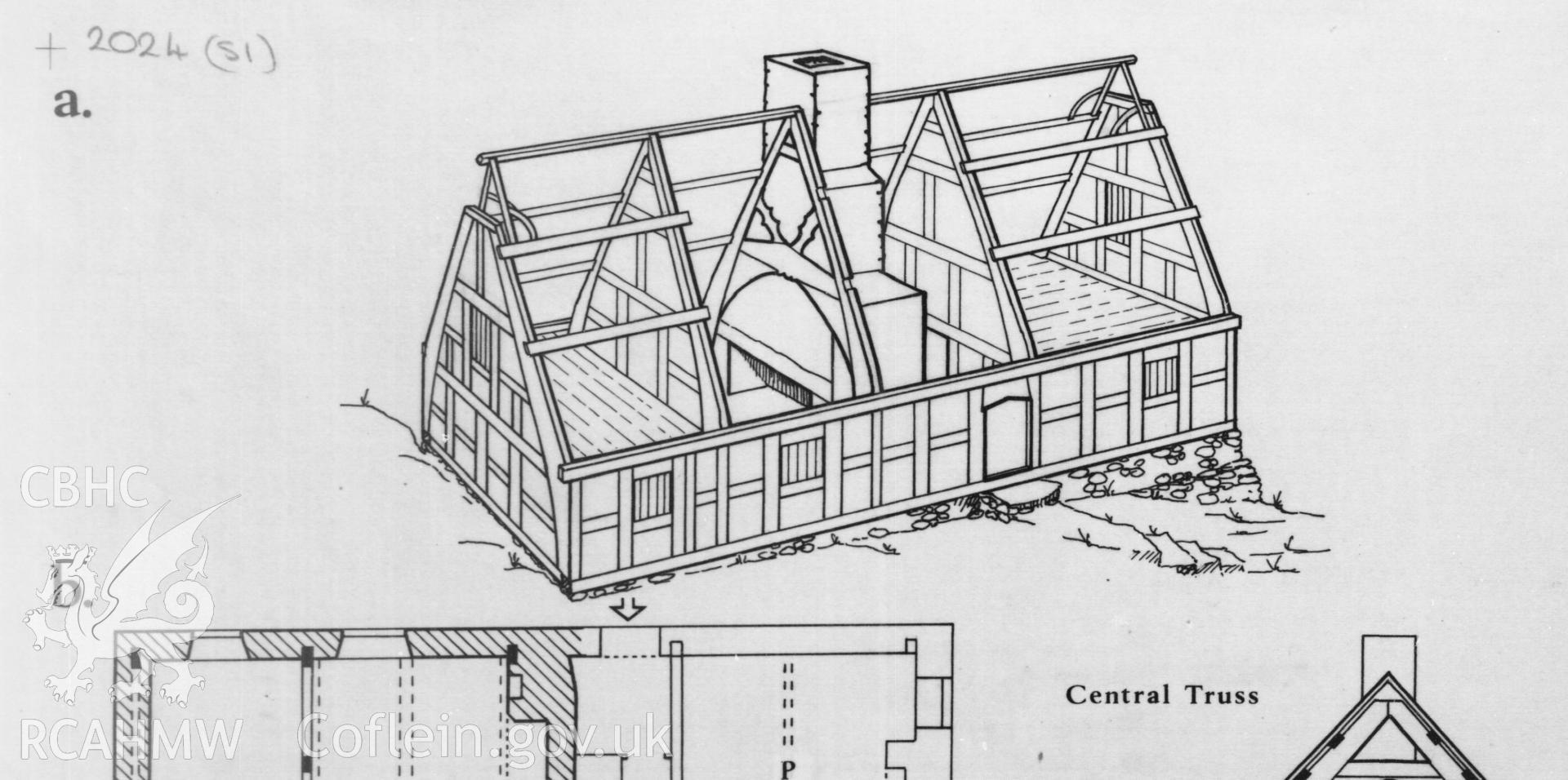 Multi site RCAHMW drawing, 3 sites, showing plans and sections of three hall houses in north and east Wales. Published in Houses of the Welsh Countryside, fig 31.