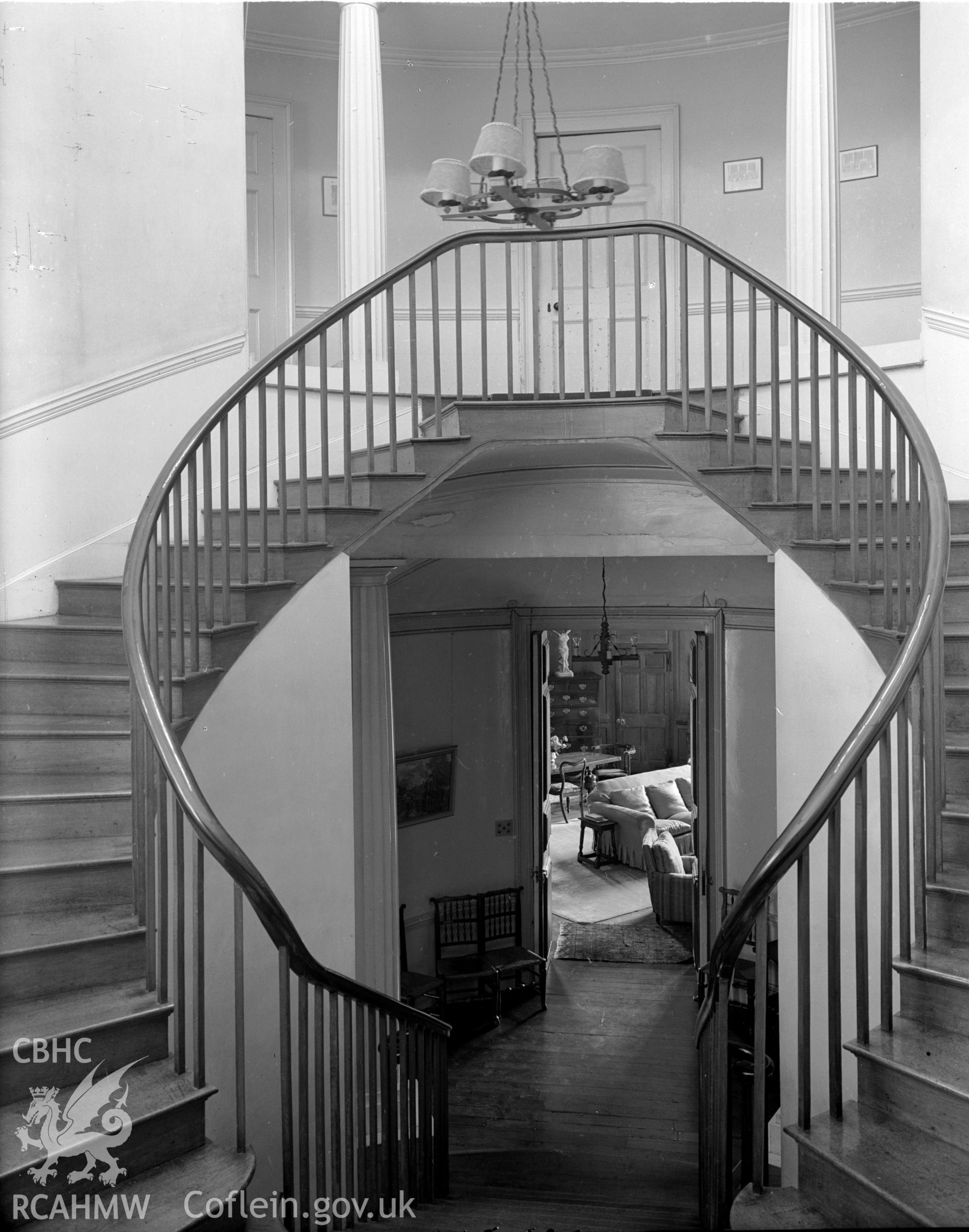 A view of a geometrical wooden staircase, based on an elliptical plan.