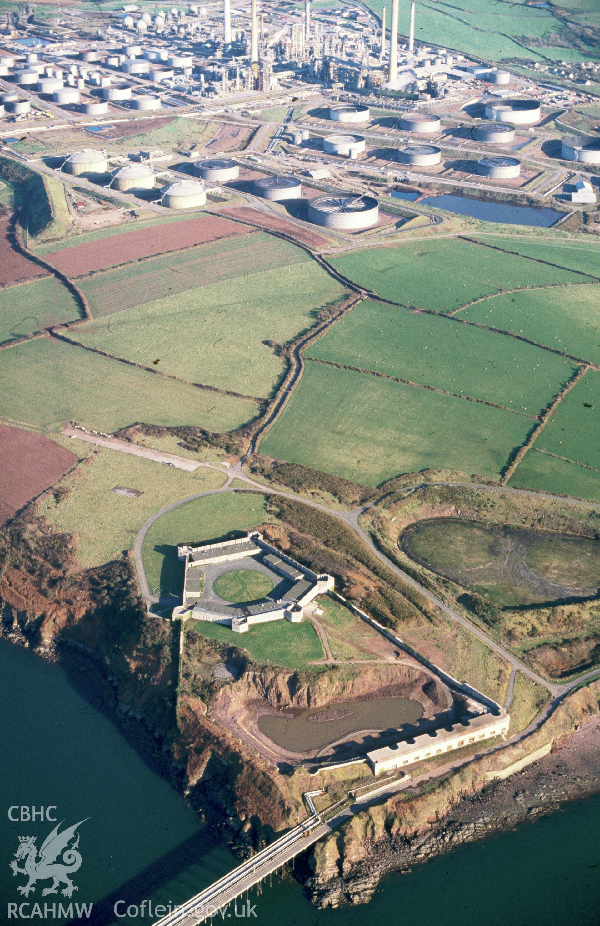Slide of RCAHMW colour oblique aerial photograph of Fort Popton, taken by C.R. Musson, 24/3/1991.