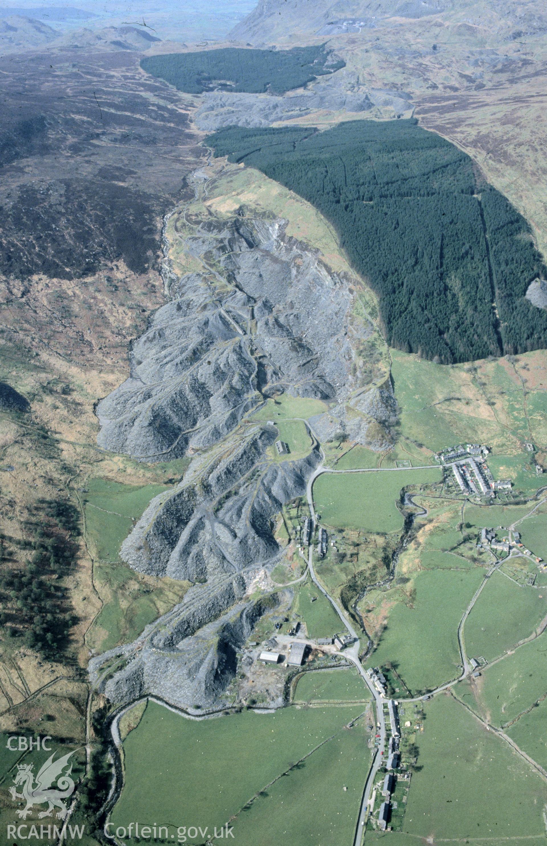 RCAHMW colour slide oblique aerial photograph of Cwm Machno Slate Quarry, Penmachno, taken by C.R. Musson, 01/05/94