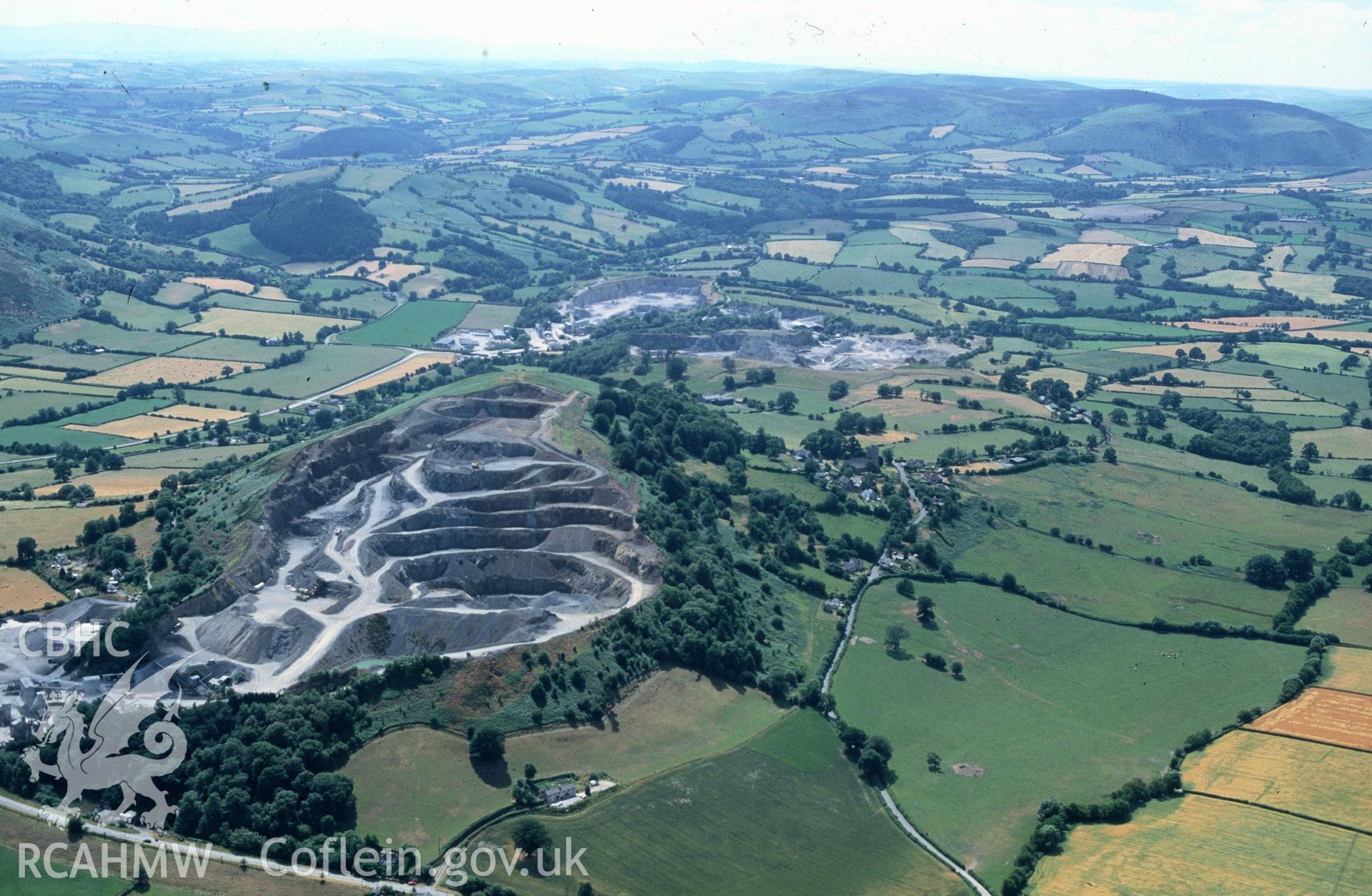 Slide of RCAHMW colour oblique aerial photograph of Gore Quarry, Old Radnor Hill, Walton, taken by C.R. Musson, 27/7/1996.