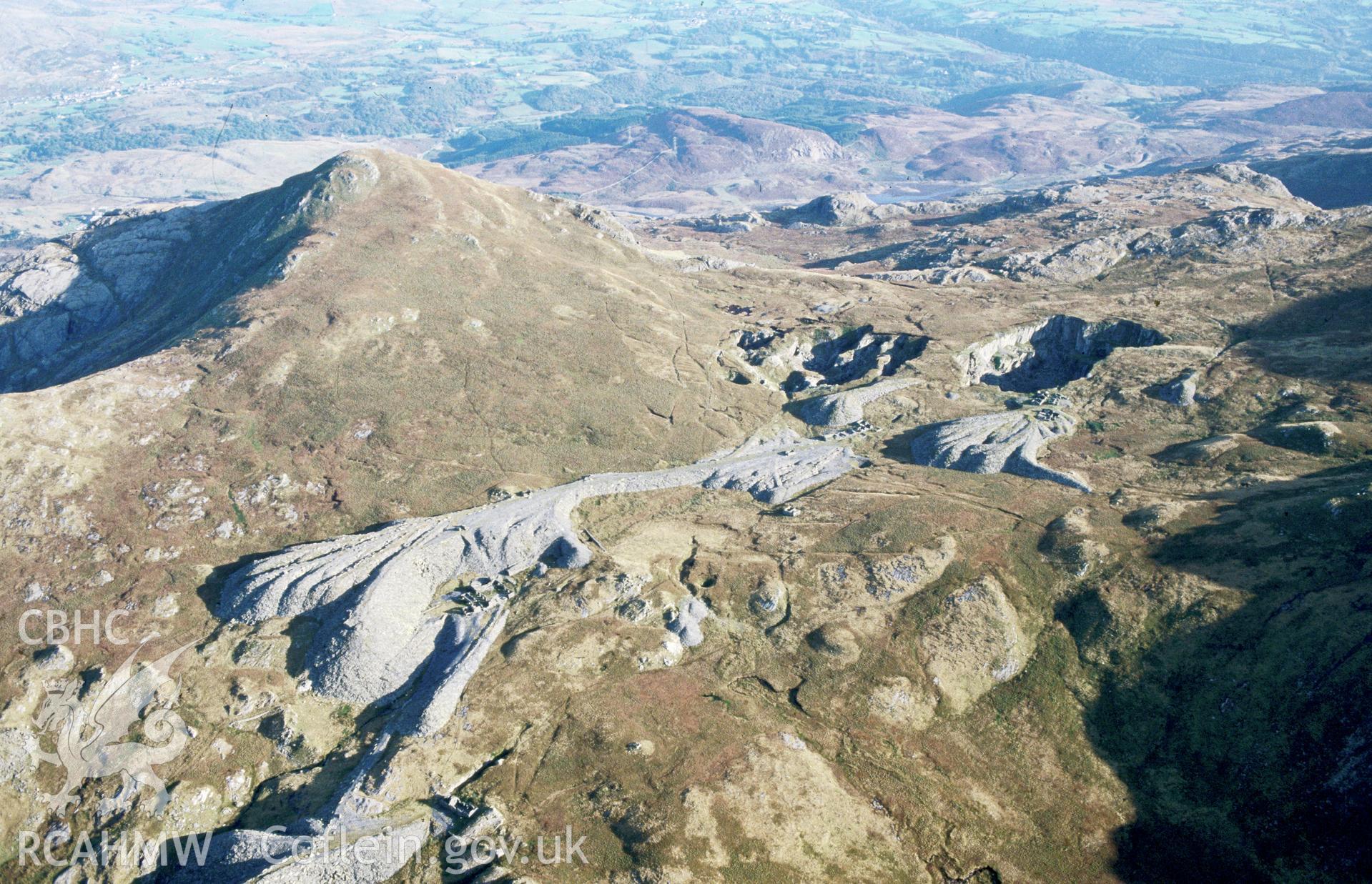 Slide of RCAHMW colour oblique aerial photograph of Rhosydd Slate Quarry, taken by C.R. Musson, 9/10/1994.