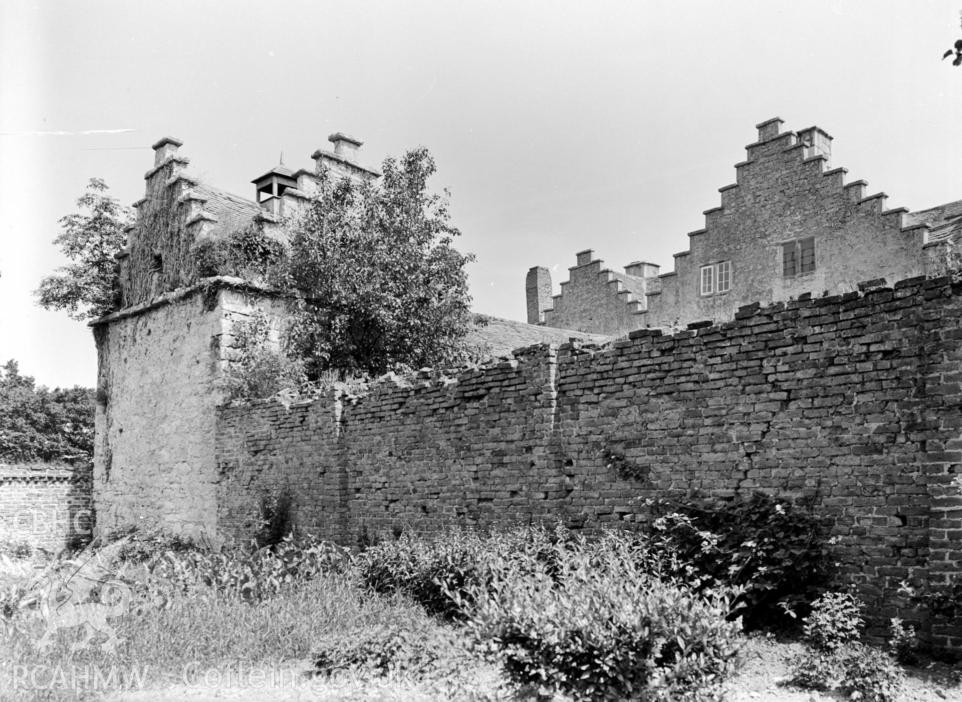 A view of the rear brick wall.