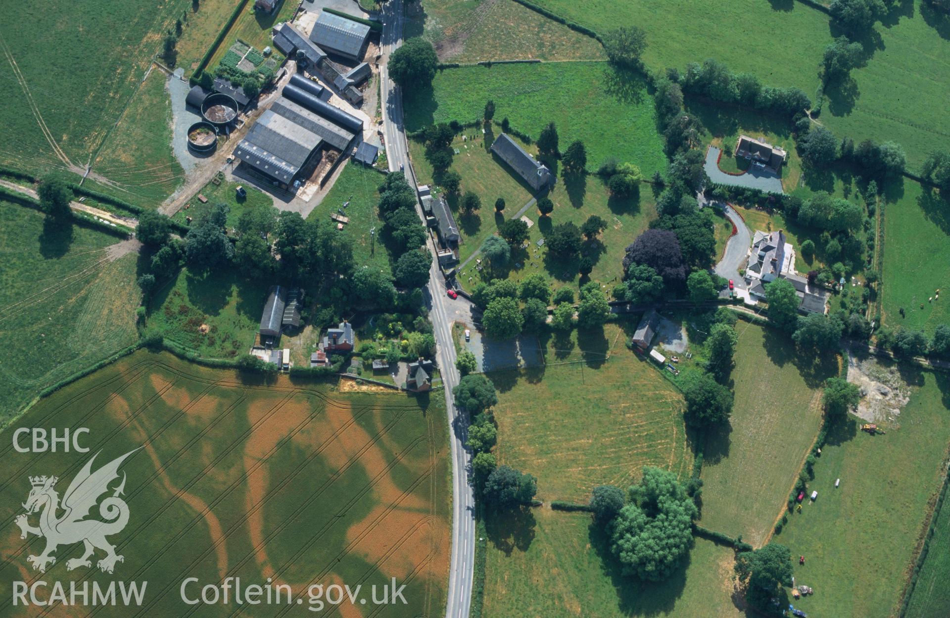 Slide of RCAHMW colour oblique aerial photograph of Llandrinio, taken by C.R. Musson, 27/7/1996.