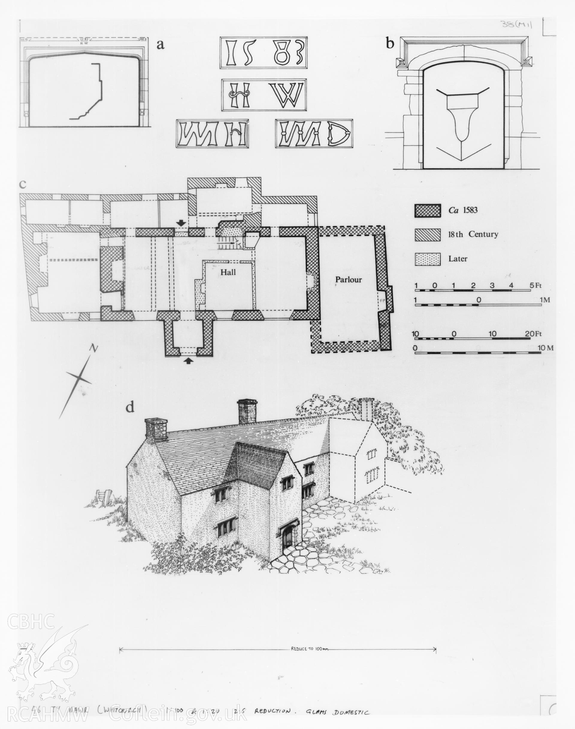 RCAHMW drawing showing plan, detail and reconstruction of Ty Mawr, Whitchurch, published in Glamorgan, fig 46.