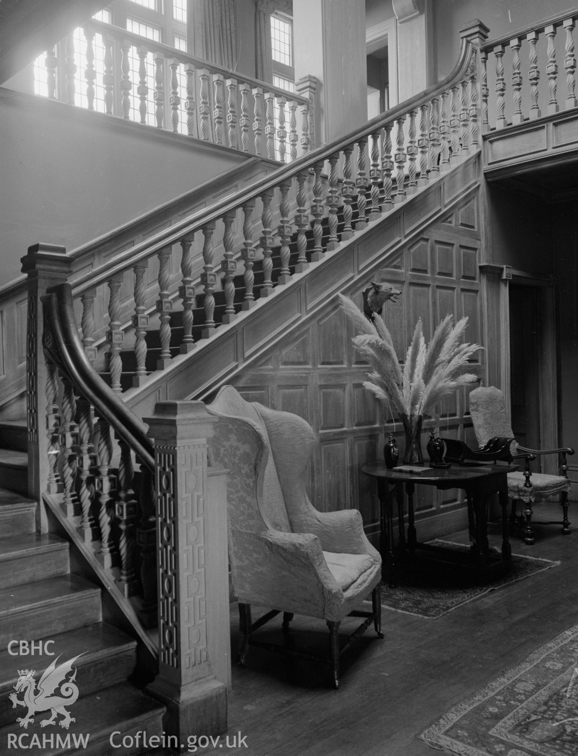 The grand staircase with wooden banister