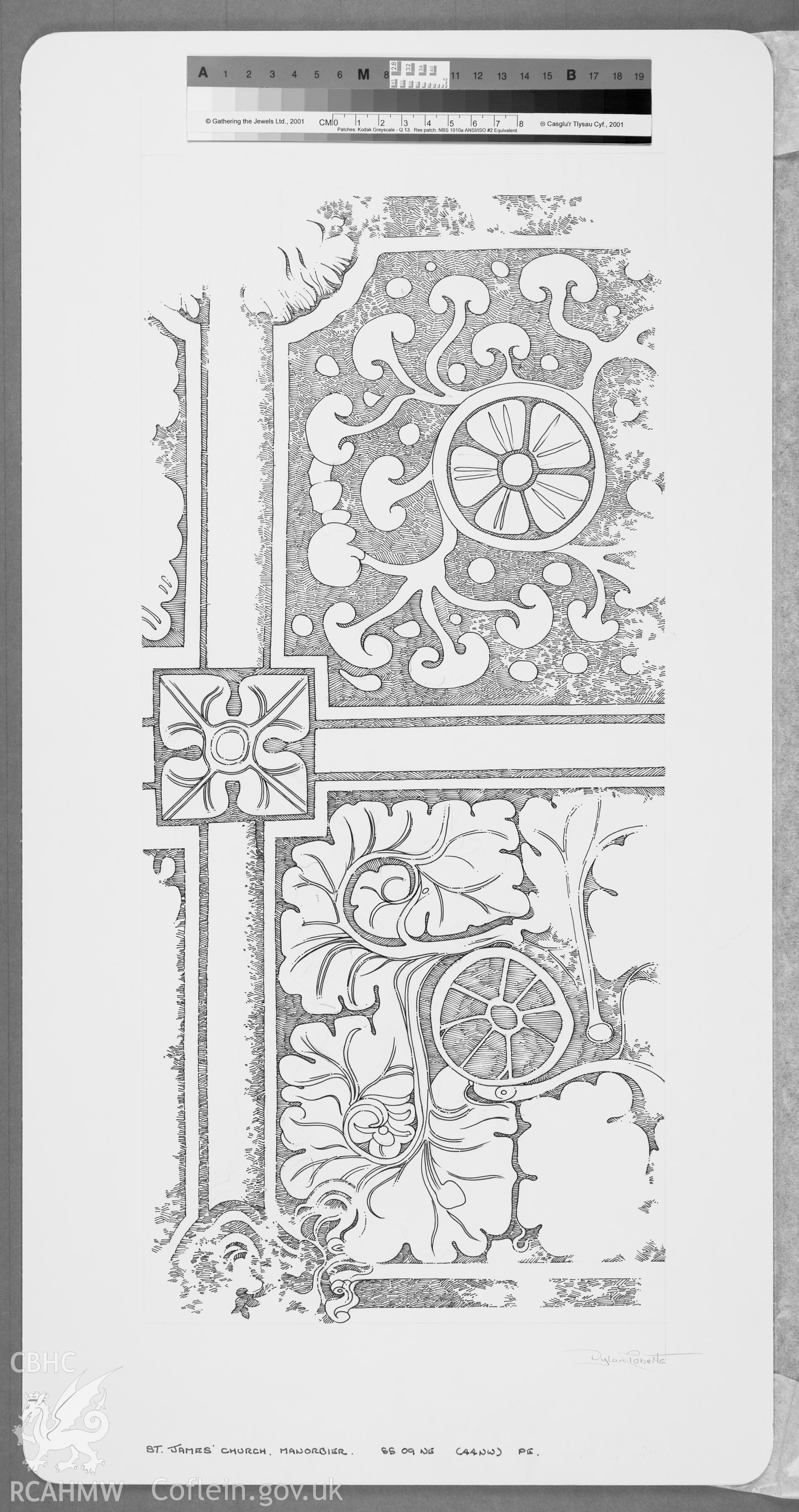 RCAHMW drawing by Dylan Roberts showing detail of wallpainting at St James' Church, Manorbier.