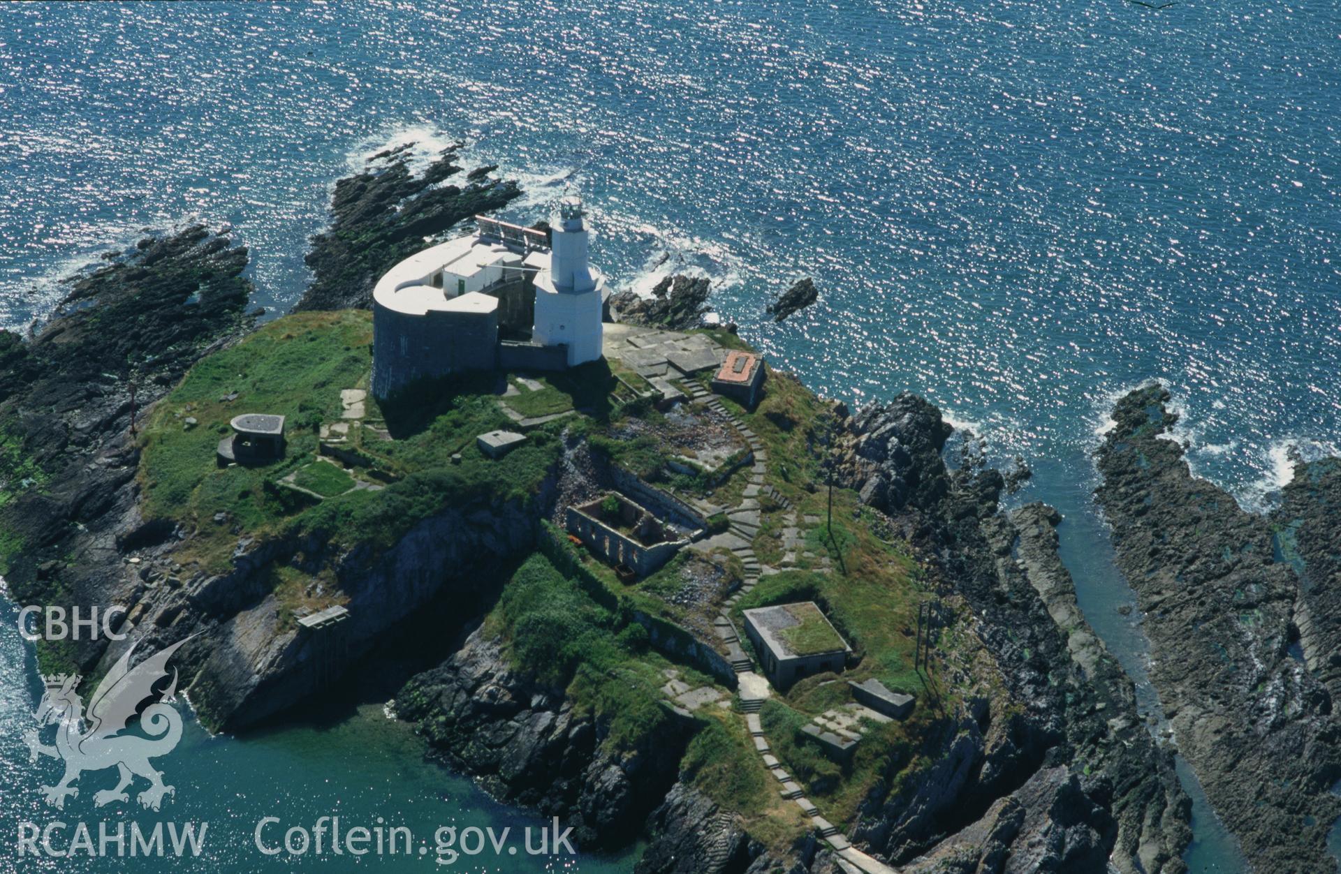 Slide of RCAHMW colour oblique aerial photograph of Mumbles Lighthouse, Mumbles, Oystermouth, taken by C.R. Musson, 25/7/1996.
