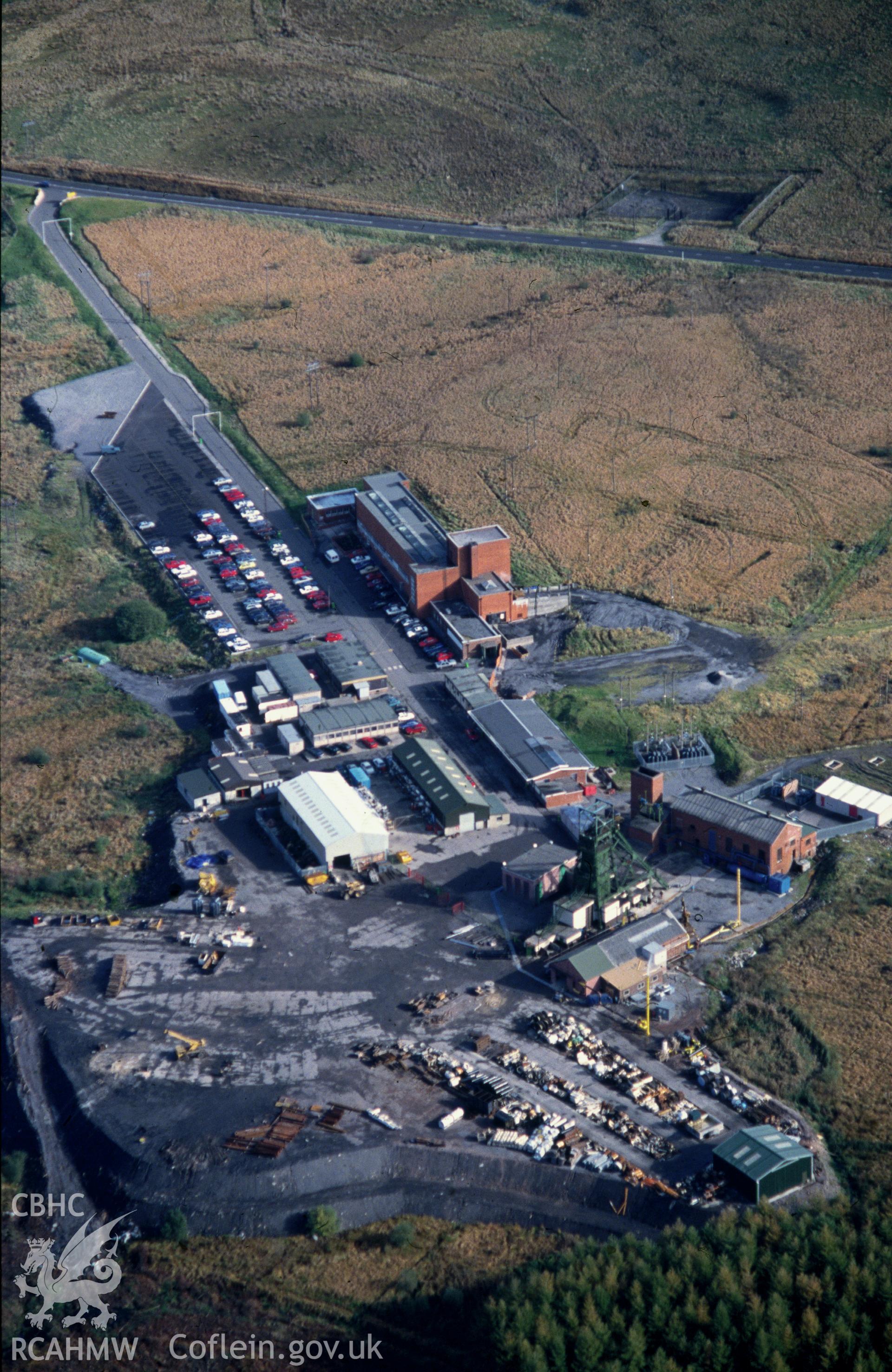 Slide of RCAHMW colour oblique aerial photograph of Tower (no.4) Colliery, Hirwaun, taken by C.R. Musson, 17/10/1992.