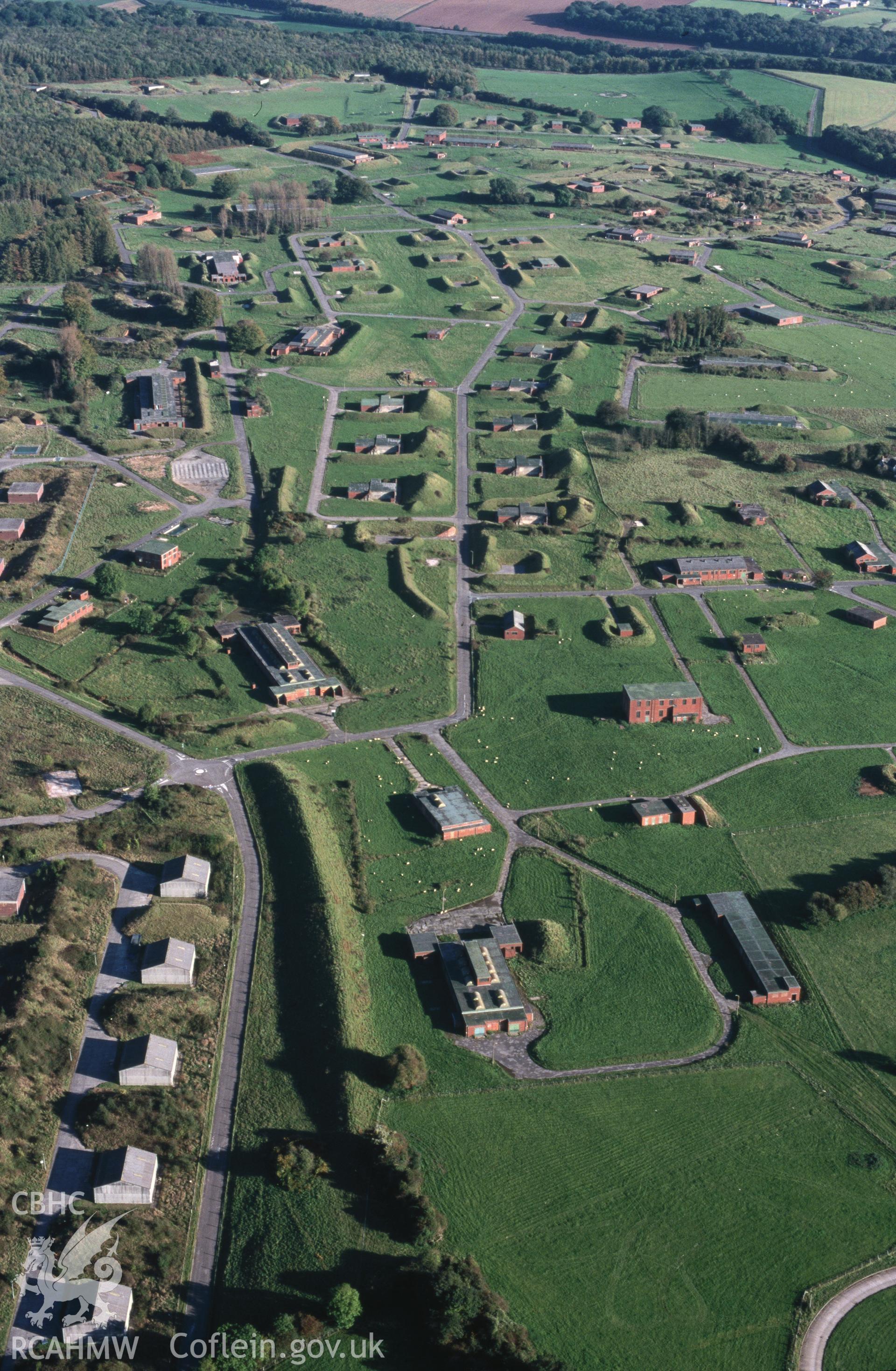 Slide of RCAHMW colour oblique aerial photograph of Royal Naval Propellant Factory, Caerwent; R.n.p.f, taken by T.G. Driver, 18/10/1999.