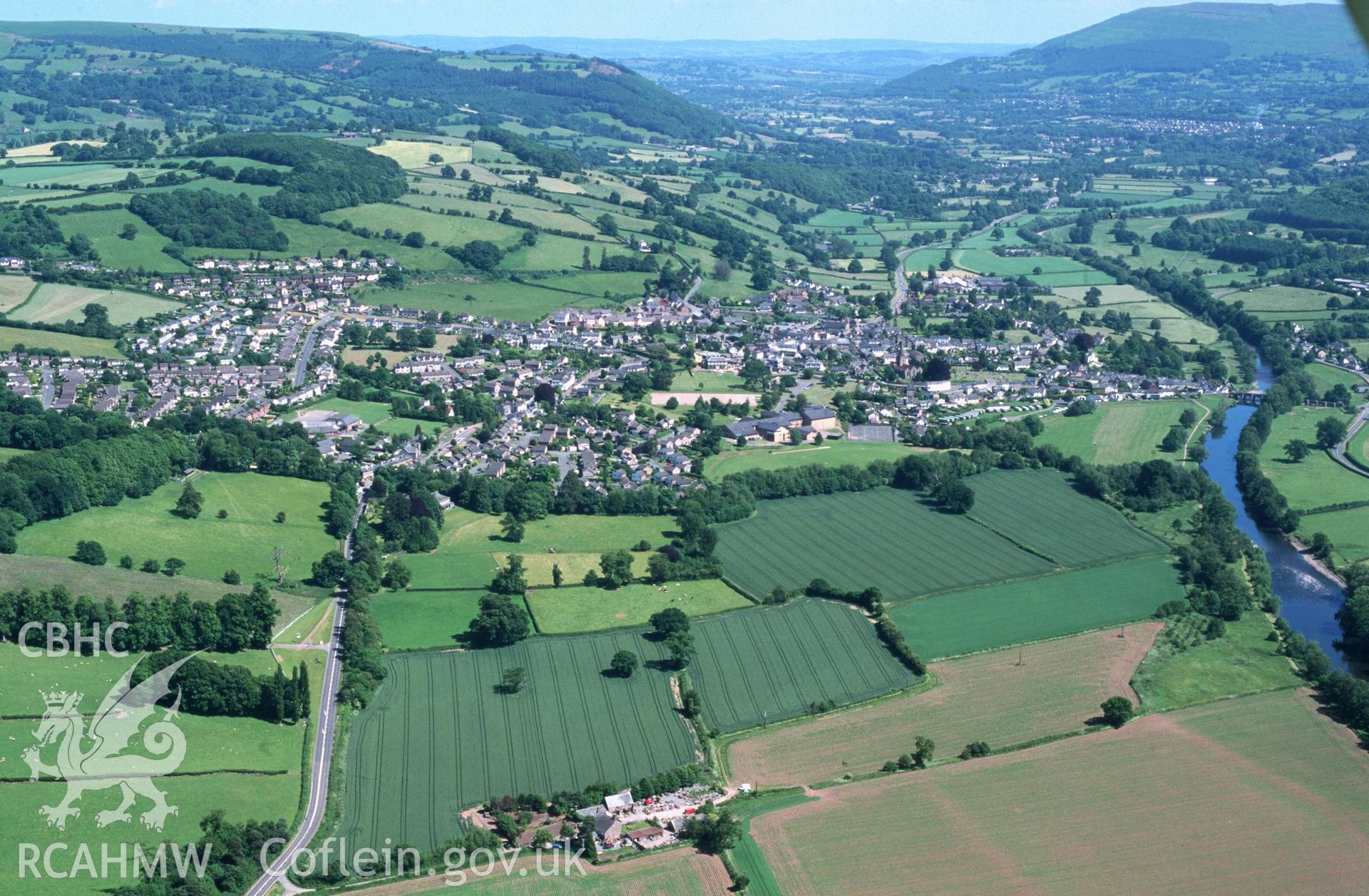 Slide of RCAHMW colour oblique aerial photograph of Crickhowell;crughywel  (medieval Town), taken by T.G. Driver, 21/6/2001.