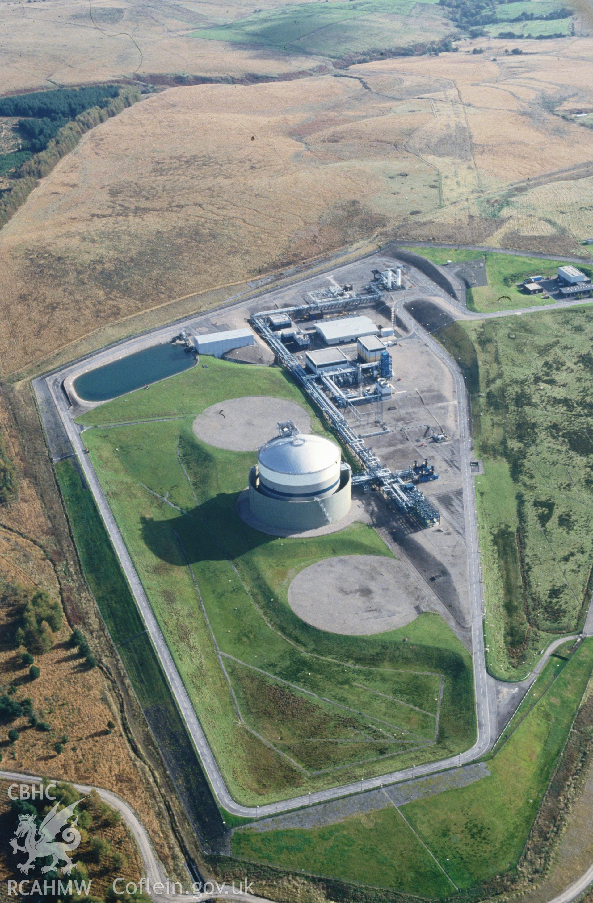 Slide of RCAHMW colour oblique aerial photograph of Bryn Du Gas Works, Hirwaun, taken by C.R. Musson, 17/10/1992.