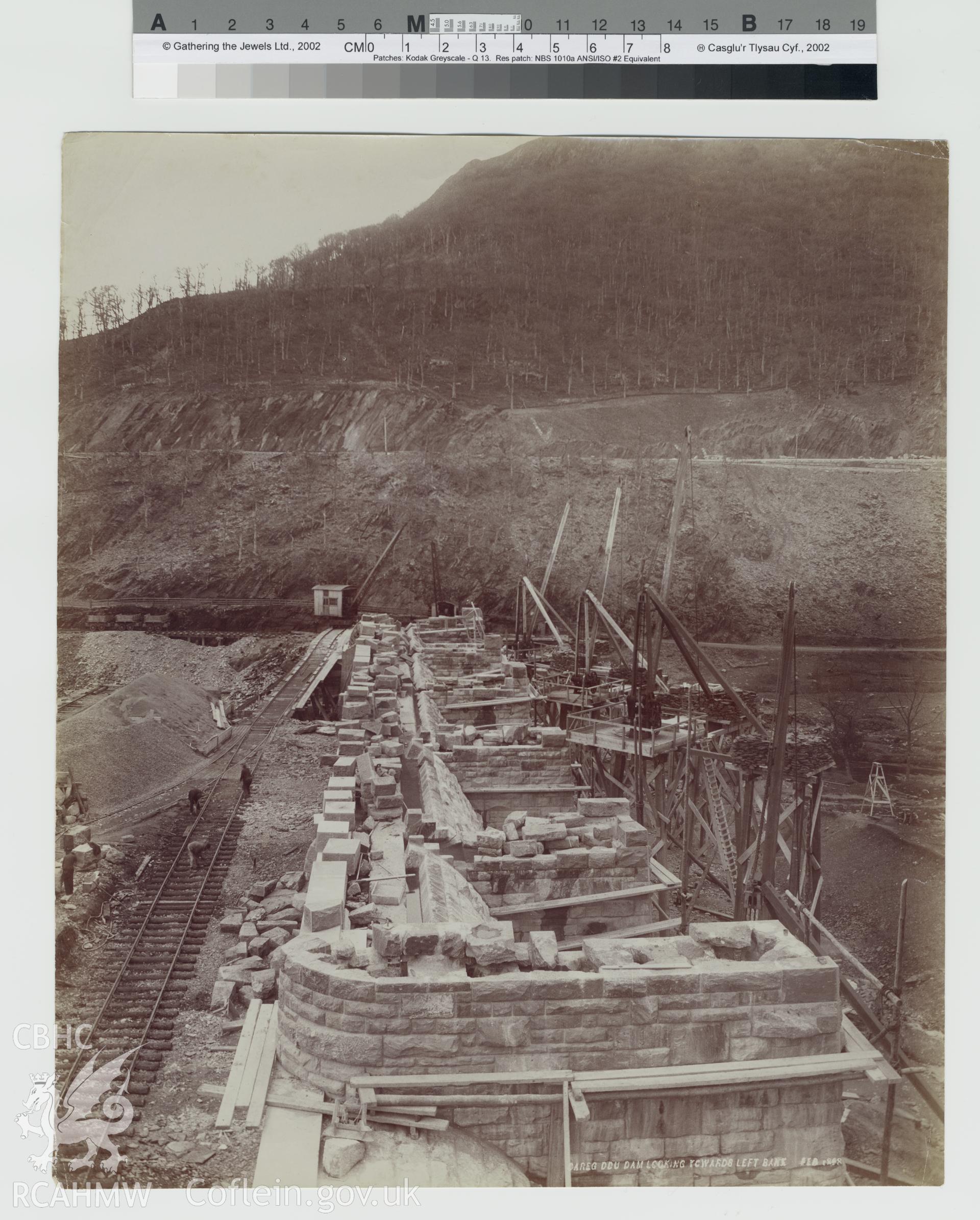 Black and white photograph showing Careg Ddu dam, showing the view looking towards left bank. Copy negative held.
