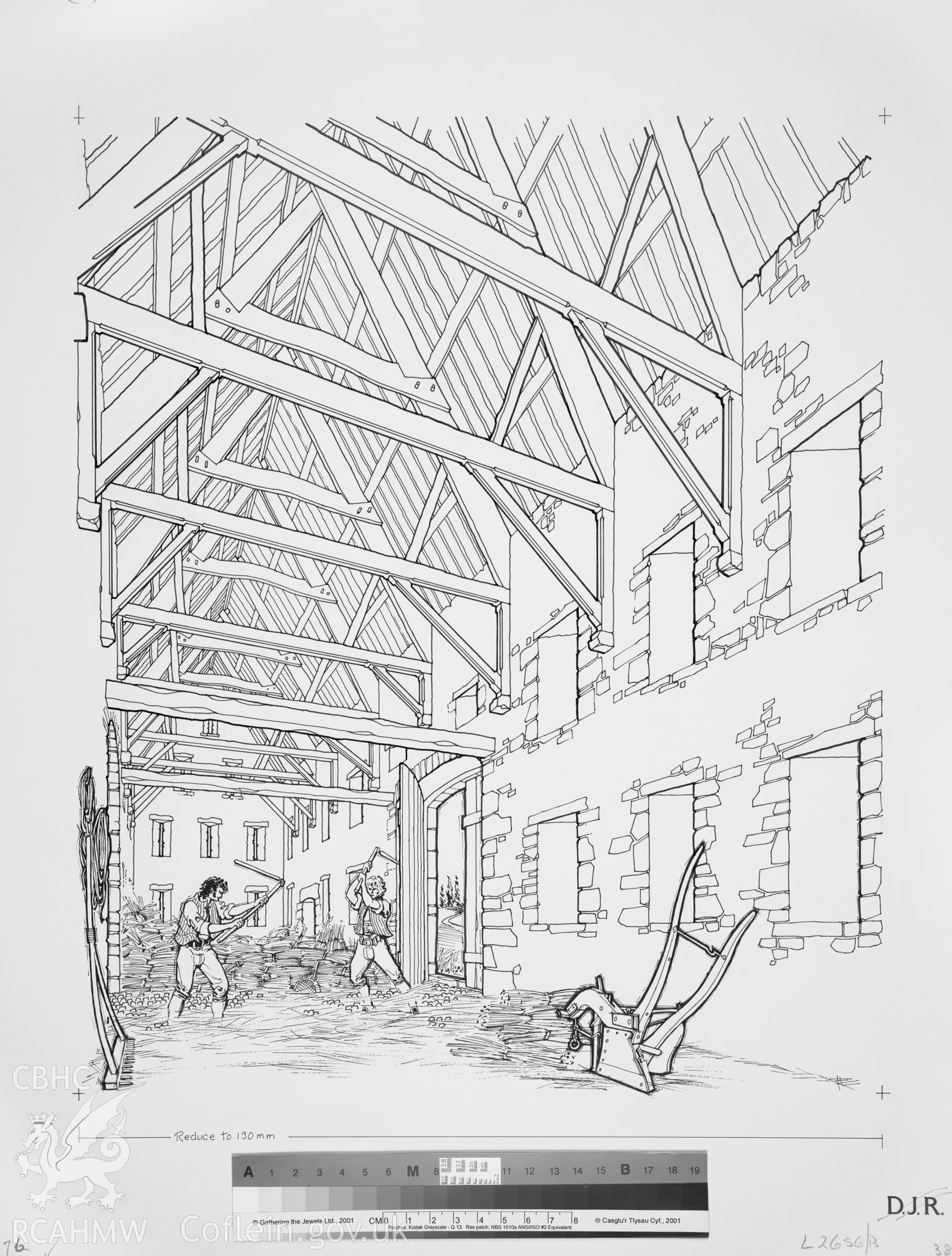 RCAHMW drawing (ink on card) showing reconstruction of Henblas, corn barn. Published in Houses of the Welsh Countryside, fig 75.