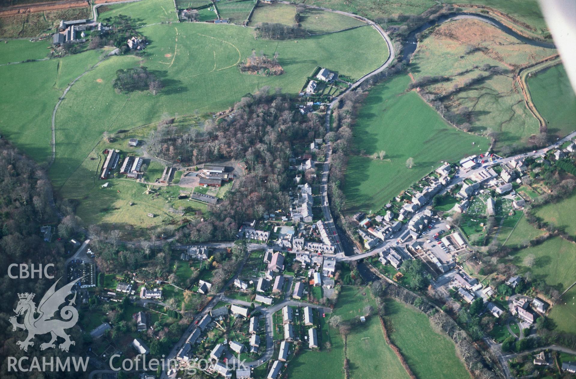 Slide of RCAHMW colour oblique aerial photograph of Llanbedr, taken by T.G. Driver, 14/2/2002.