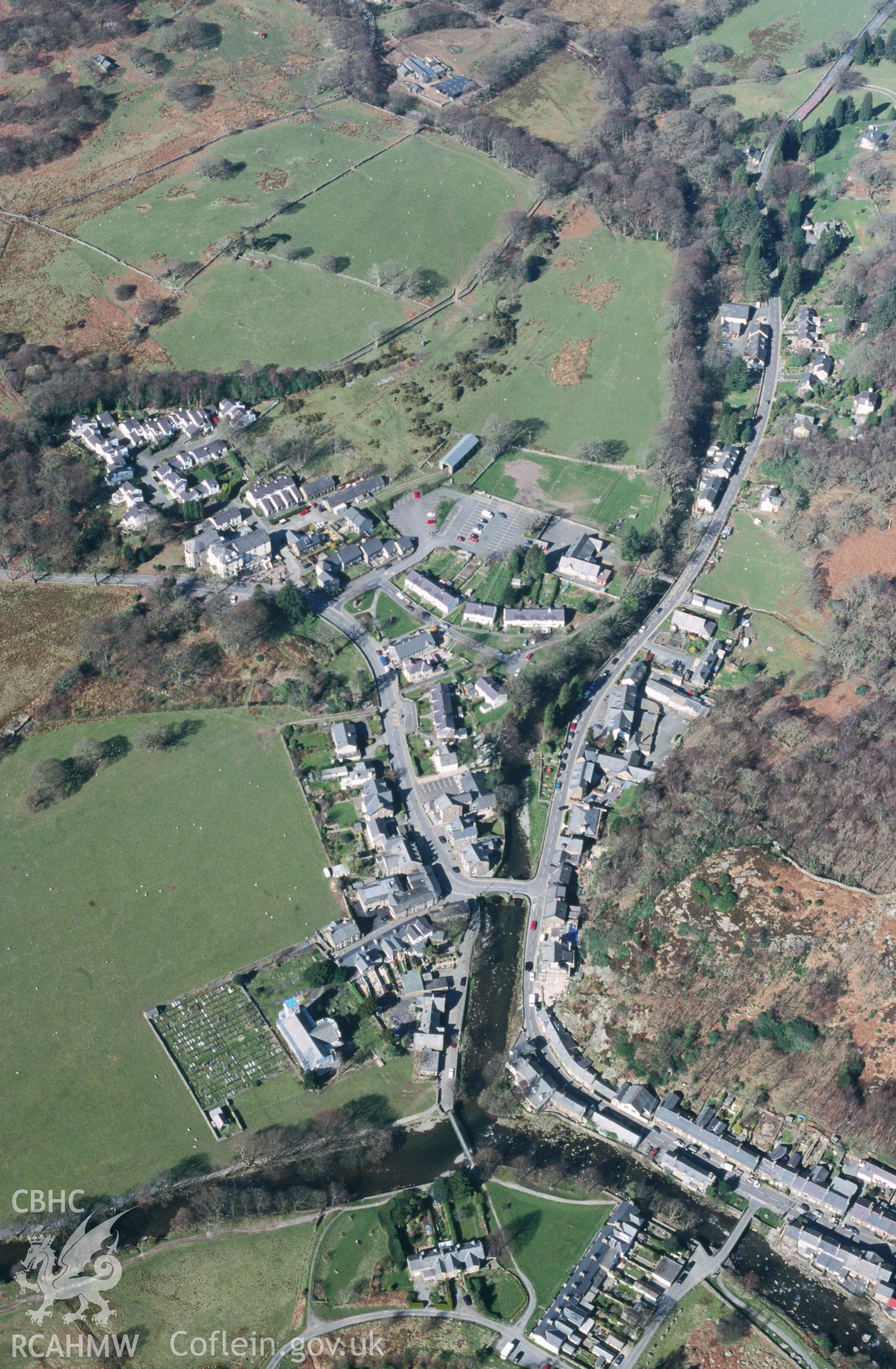 Slide of RCAHMW colour oblique aerial photograph of Beddgelert, taken by T.G. Driver, 30/3/2000.