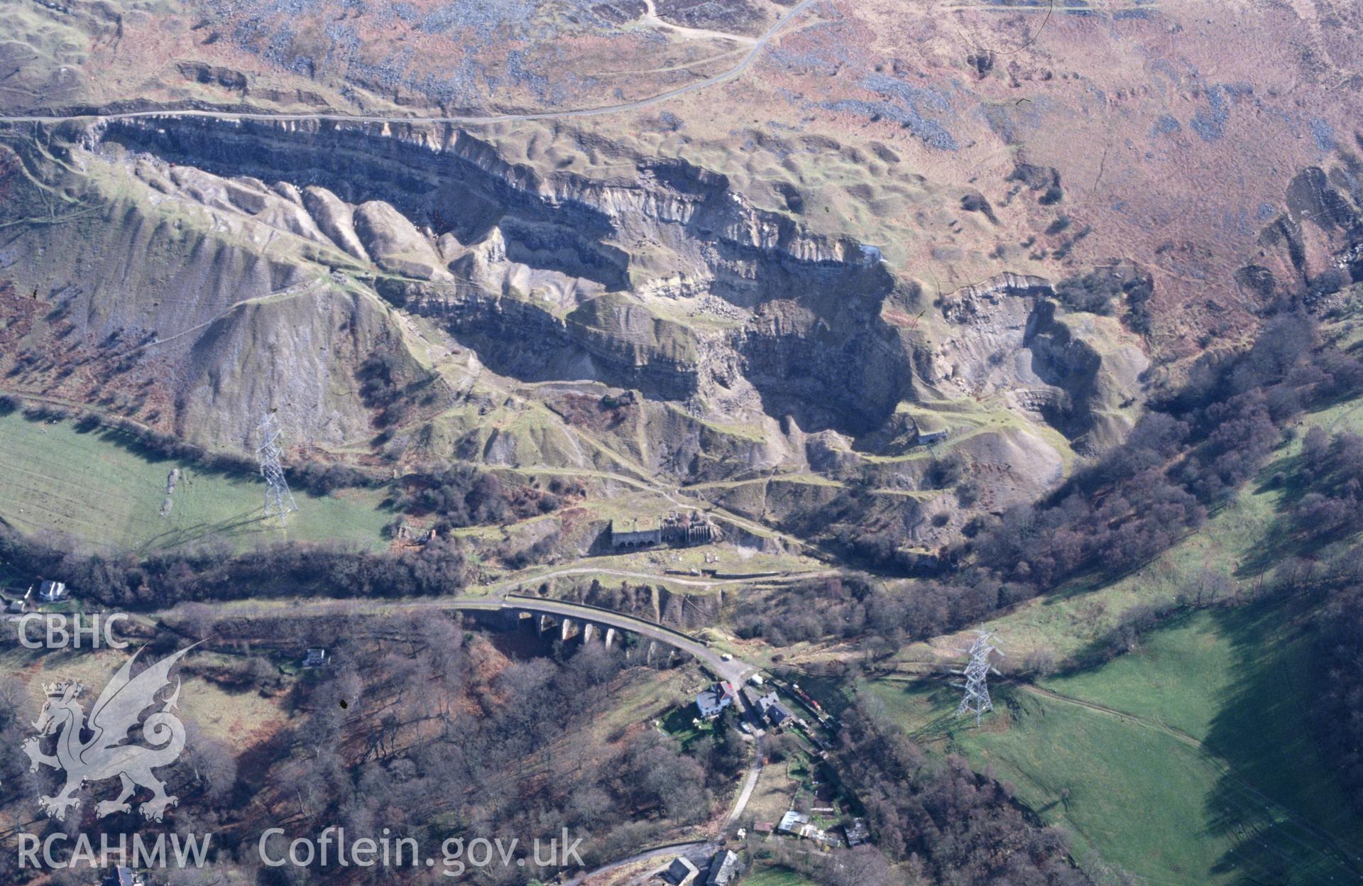 Slide of RCAHMW colour oblique aerial photograph of Craig Ddu Quarry, taken by C.R. Musson, 19/3/1993.