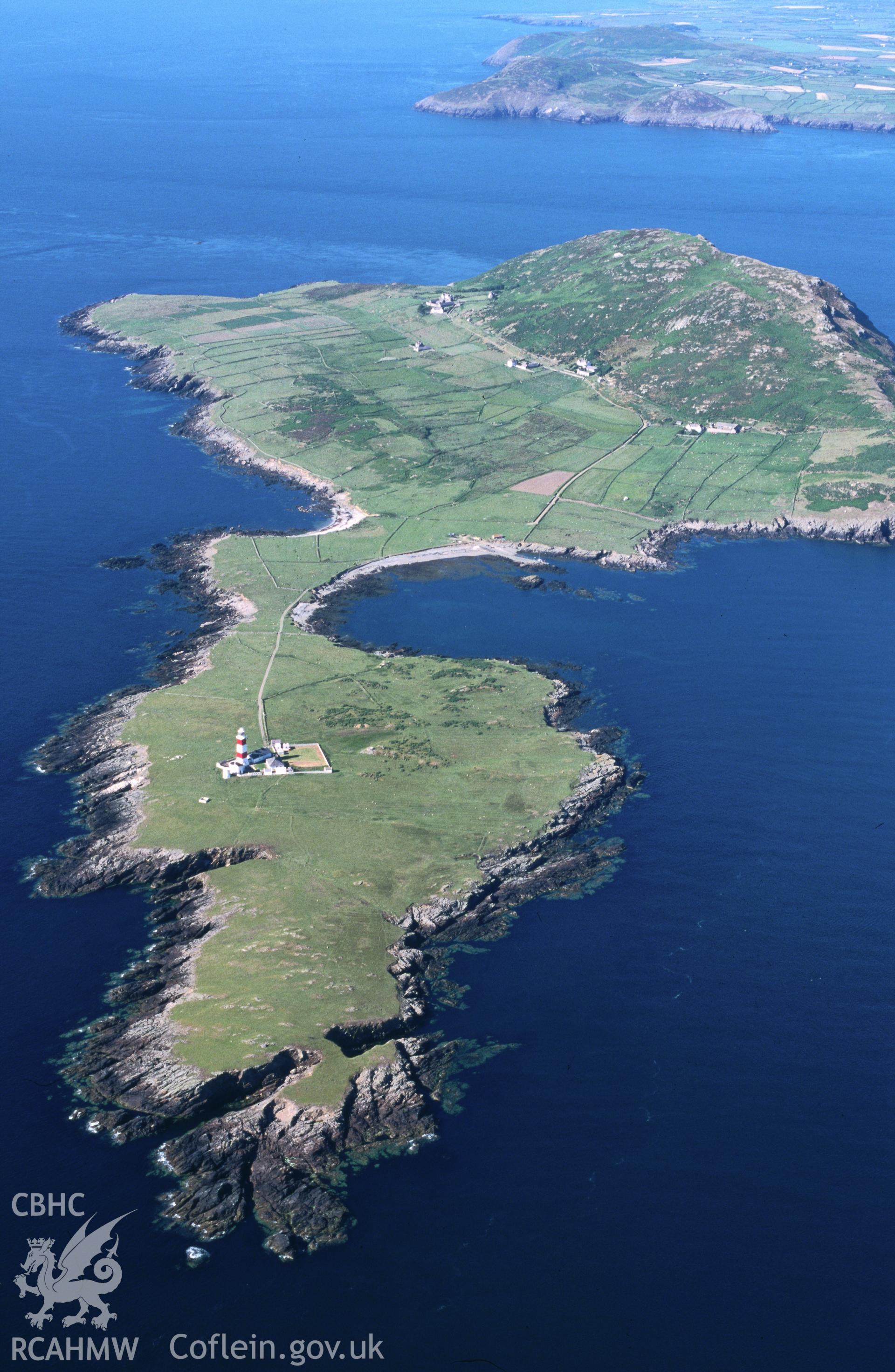 Slide of RCAHMW colour oblique aerial photograph of Bardsey Island, taken by T.G. Driver, 26/6/2000.