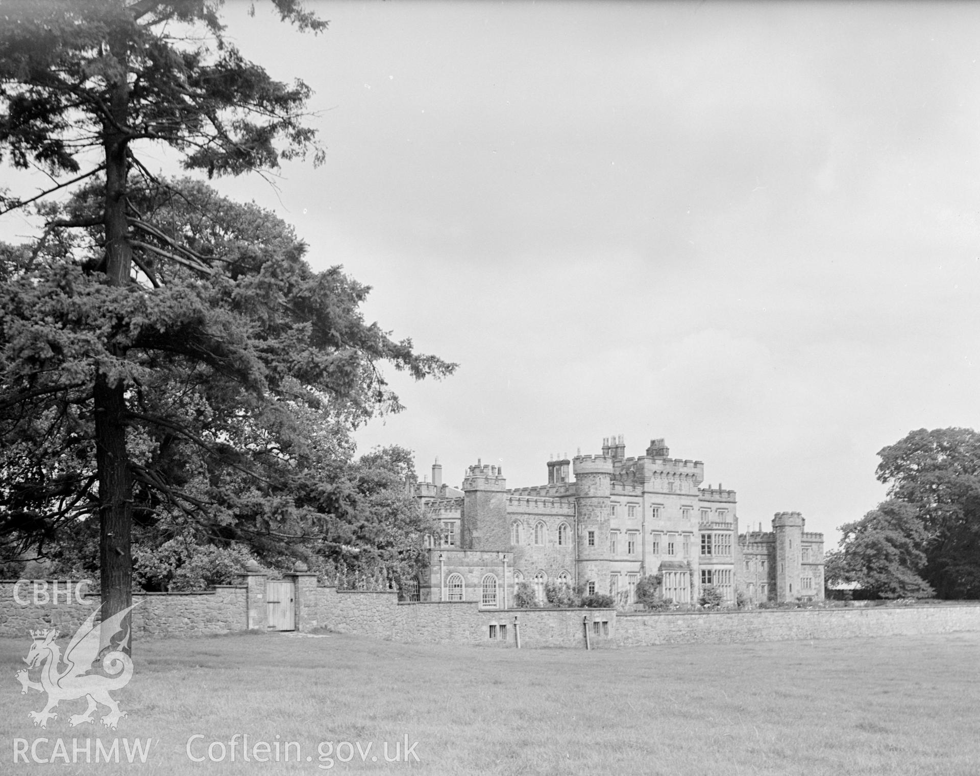 A view of an 18th century castle that takes its name from a ruined castle in its grounds.
