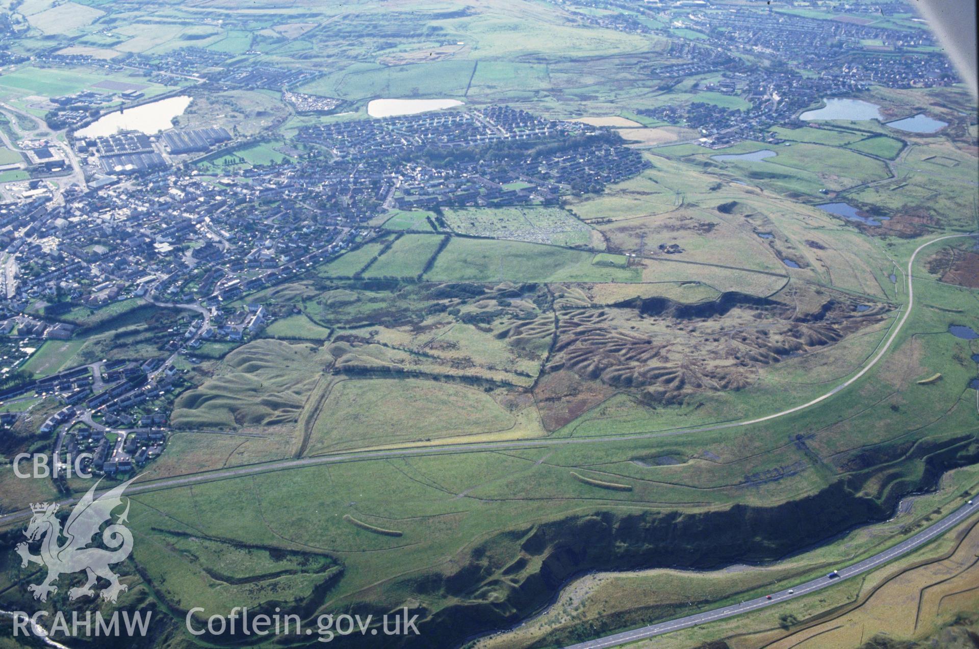 Slide of RCAHMW colour oblique aerial photograph of Brynmawr Mine Workings, taken by C.R. Musson, 19/10/1992.