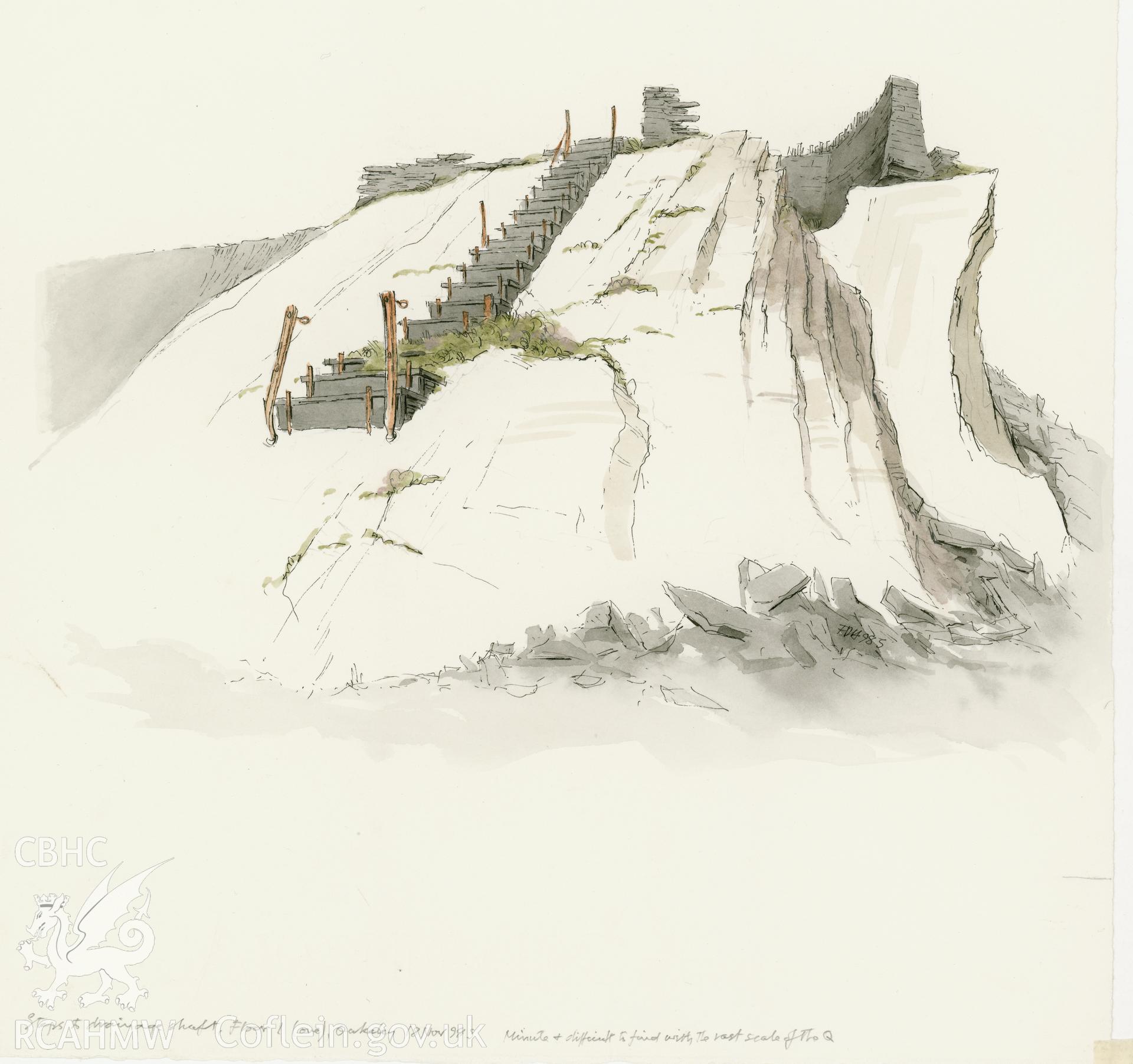Oakeley Quarry - Steps up to Shaft: (pencil, ink and watercolour) drawing.