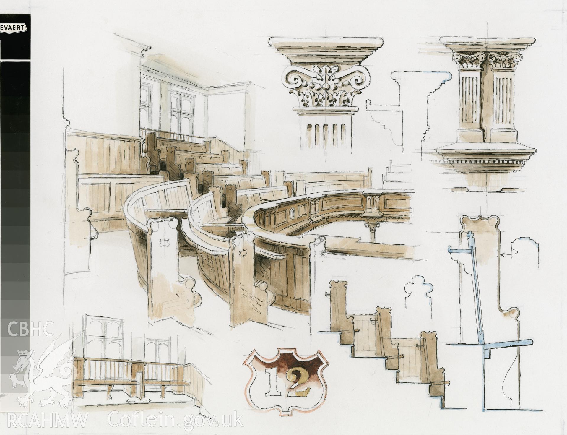 Bethania Chapel: (pencil, ink and watercolour) Detail of Gallery drawing.