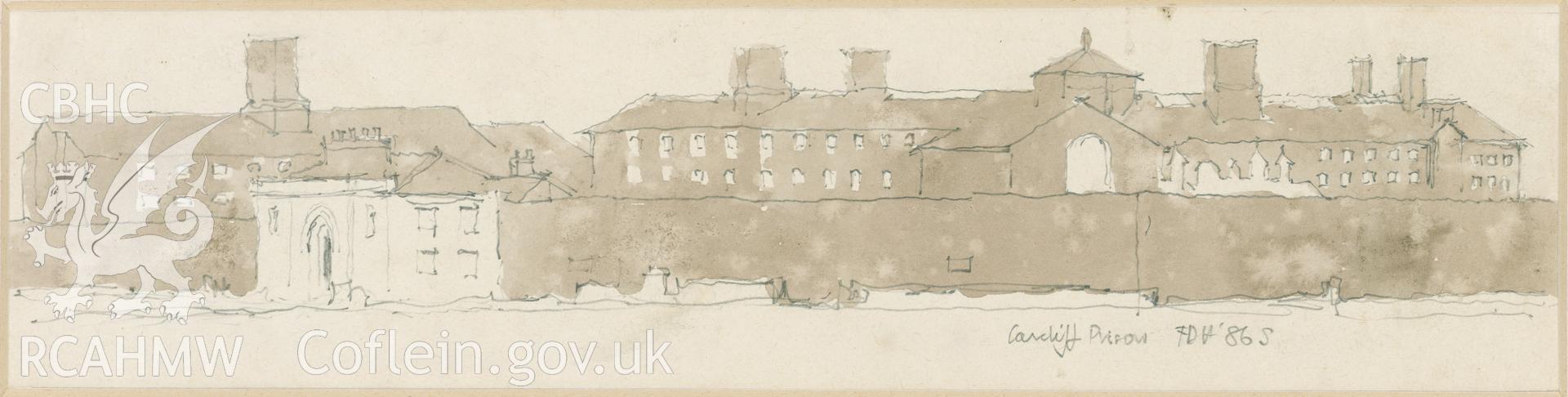 Cardiff Prison: framed (pencil and watercolour) site-sketch drawing.