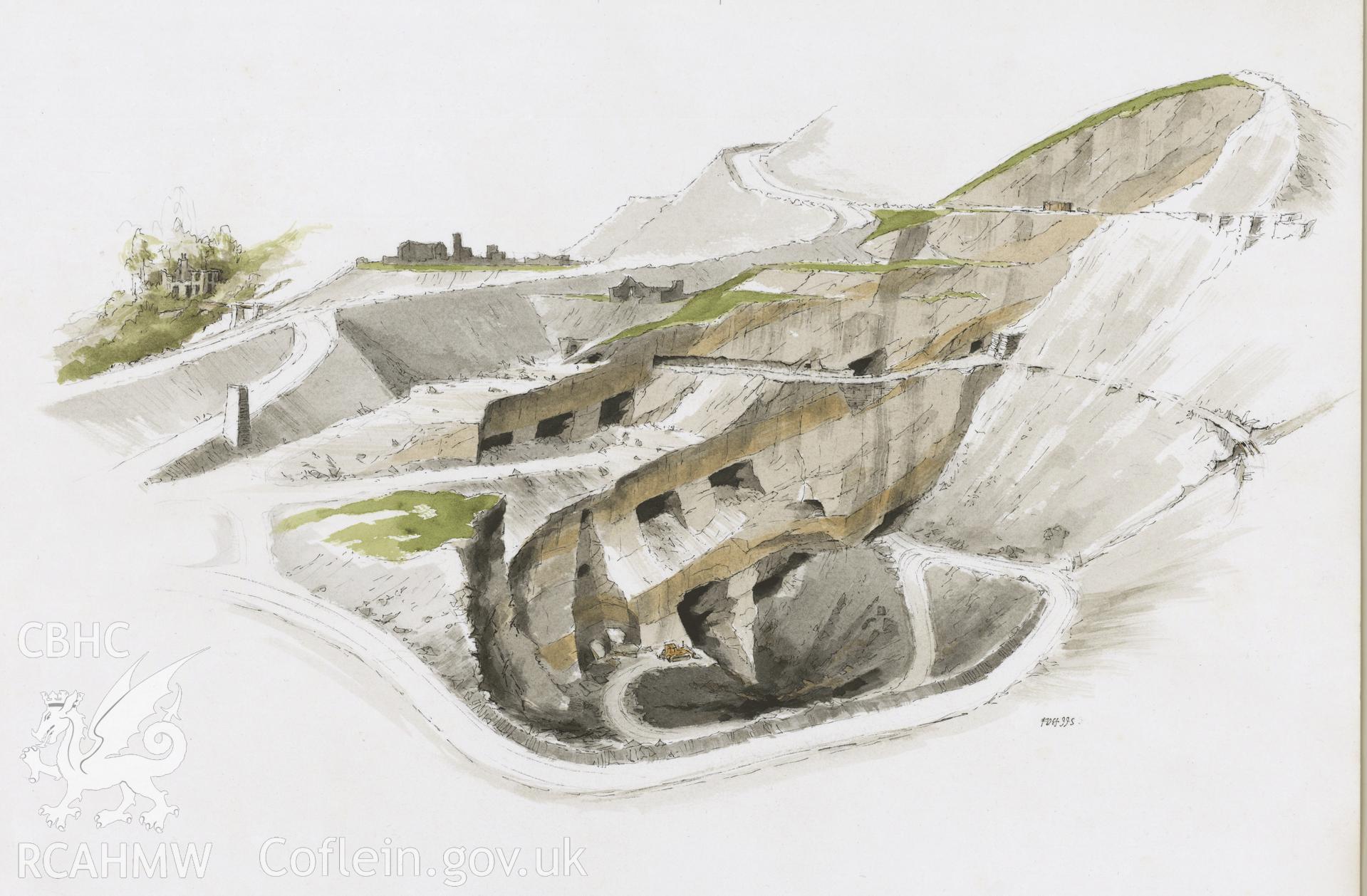 Exposed Chambers - Foty & Bowydd Quarry: (pencil, ink and watercolour) main drawing.