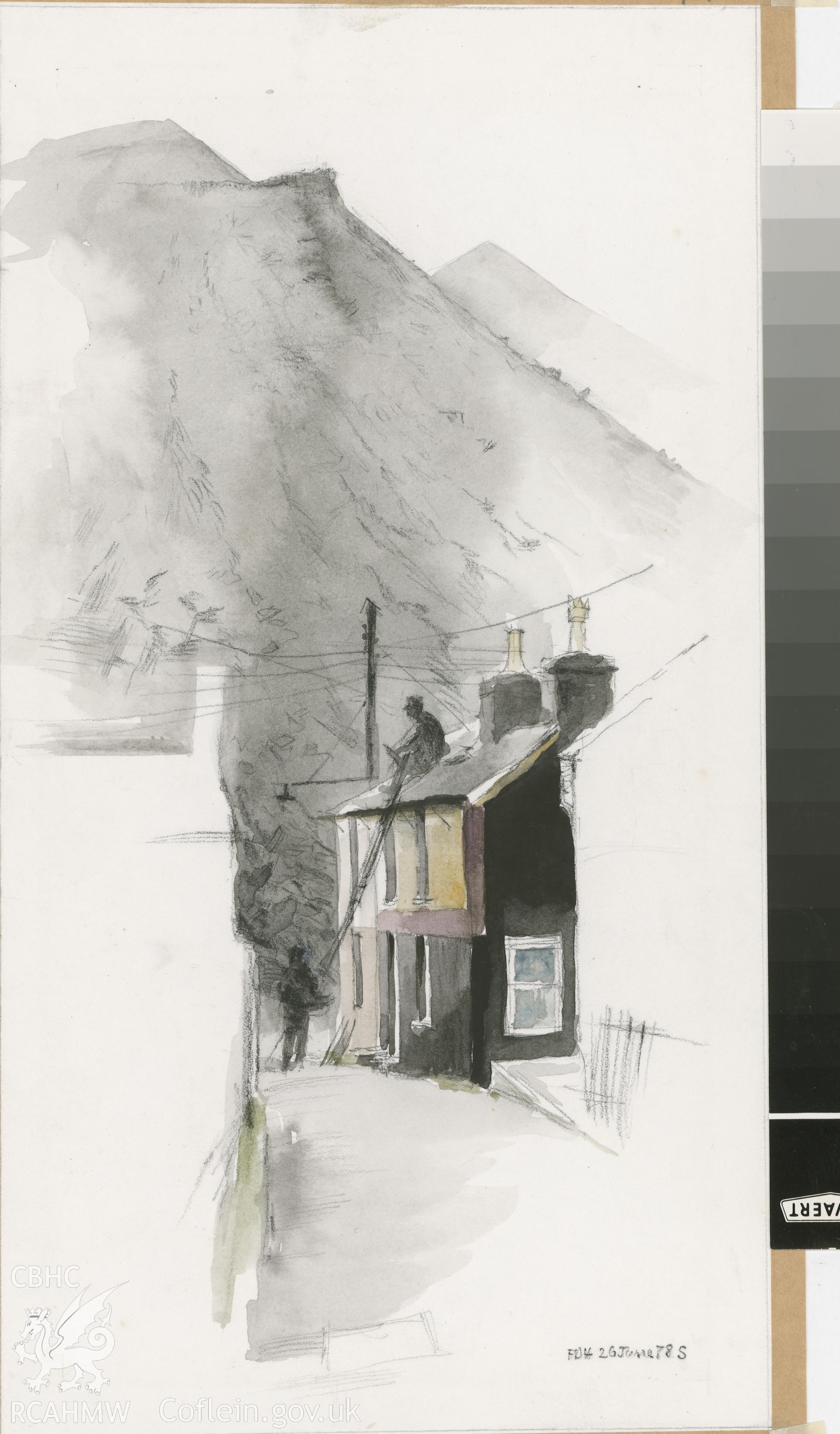 Roof Repairs: (pencil and watercolour) drawing.