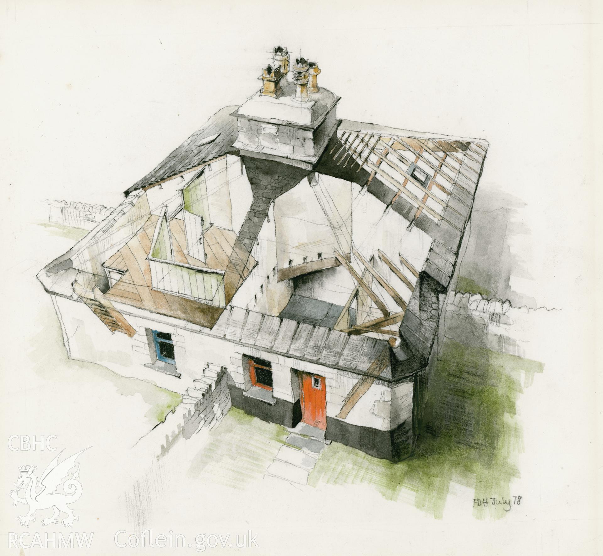 Ty Unicorn - 'View thru roof': (pencil and watercolour) drawing.