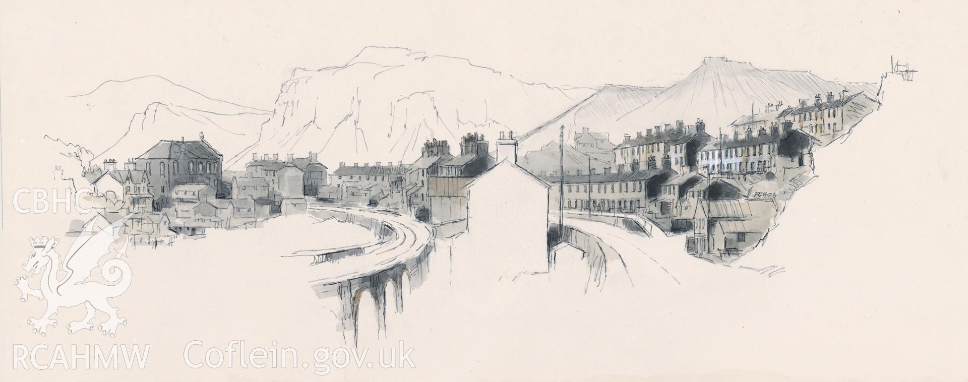 Blaenau from Tabernacl: (pencil, ink and watercolour) finished drawing.