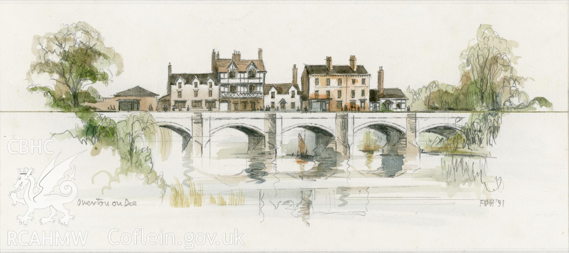 Overton-on-Dee: (pencil and watercolour) drawing showing a comparison of scales between the buildings of the High Street and a traditional arched bridge, with the new composite bridge (A483).