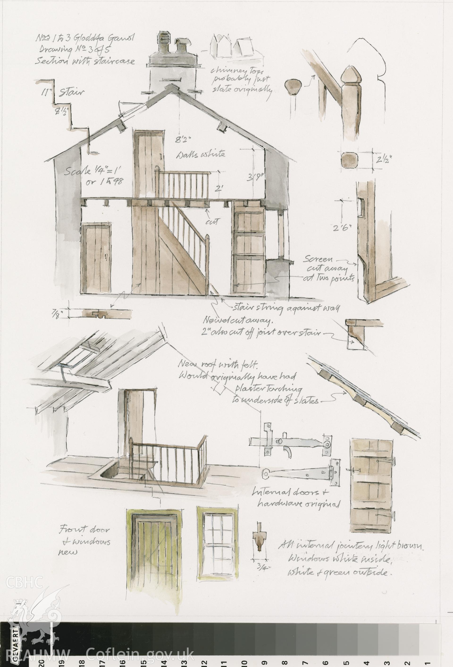 Gloddfa Ganol Cottages - Section looking to Stairs: (pencil, ink and watercolour) drawing.
