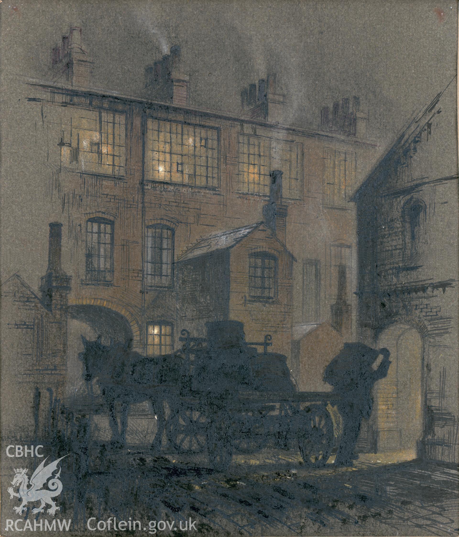 Eli Green's Cottage Factory, Coventry: (chalk and ink) drawing, showing 'Coal being delivered'.