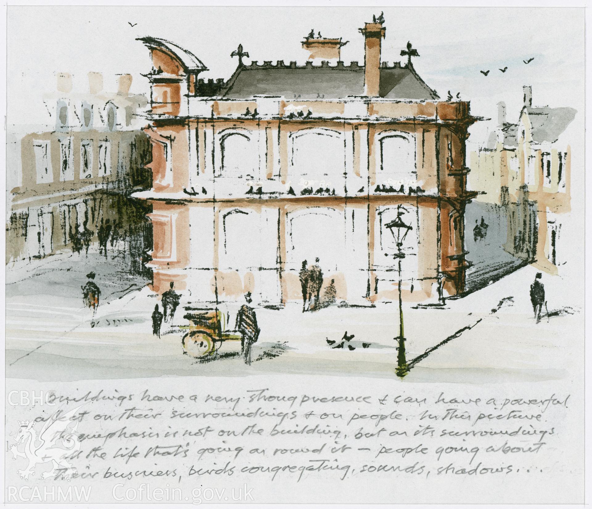 Old Glamorgan Library and Registry, Cardiff: preliminary (line copy and watercolour) drawing.