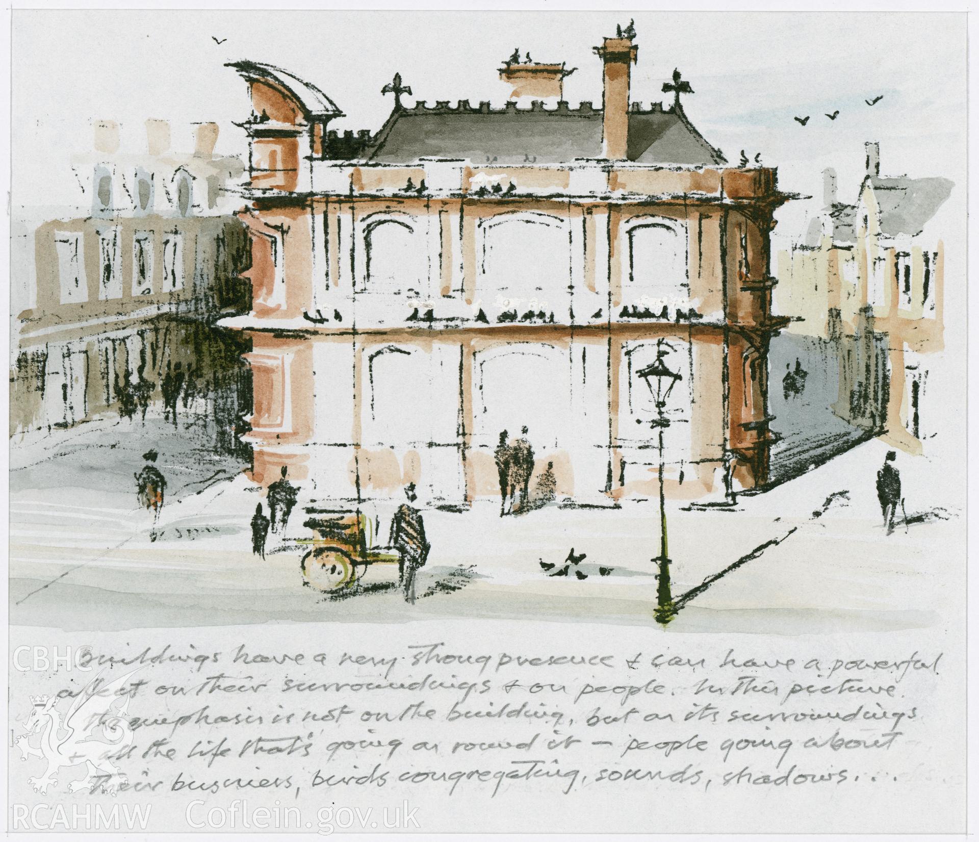 Old Glamorgan Library and Registry, Cardiff: preliminary (line copy and watercolour) drawing.