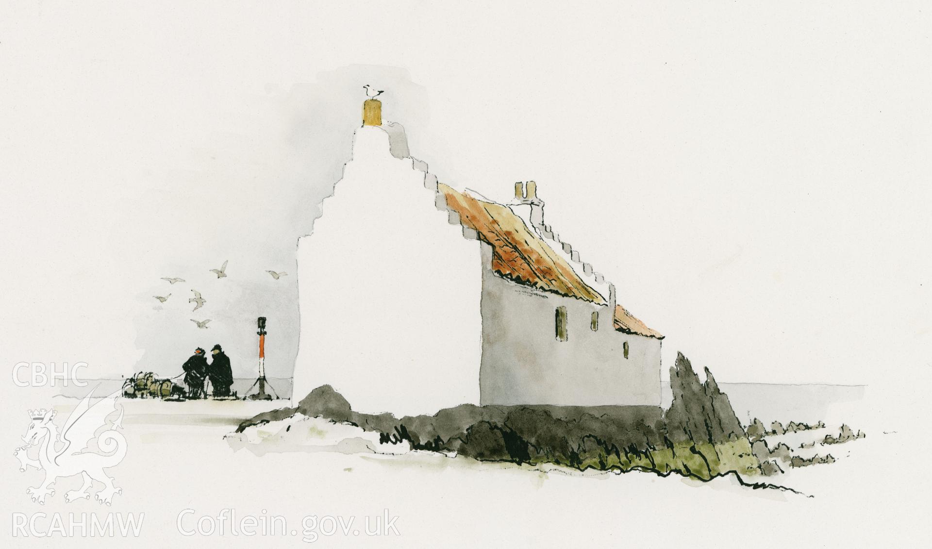 Pittenween, Scotland - Solitary Building with Fishermen and Light: coloured line copy.