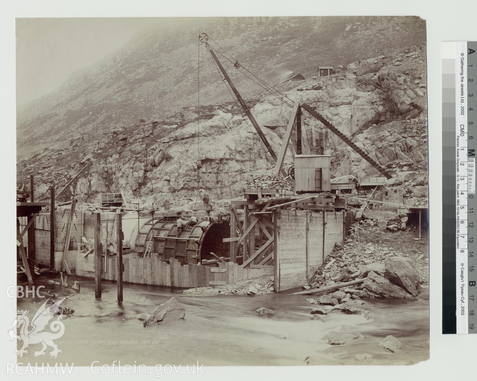 Black and white photograph of Caban Coch dam, showing the culvert stank damaged. Copy negative made.