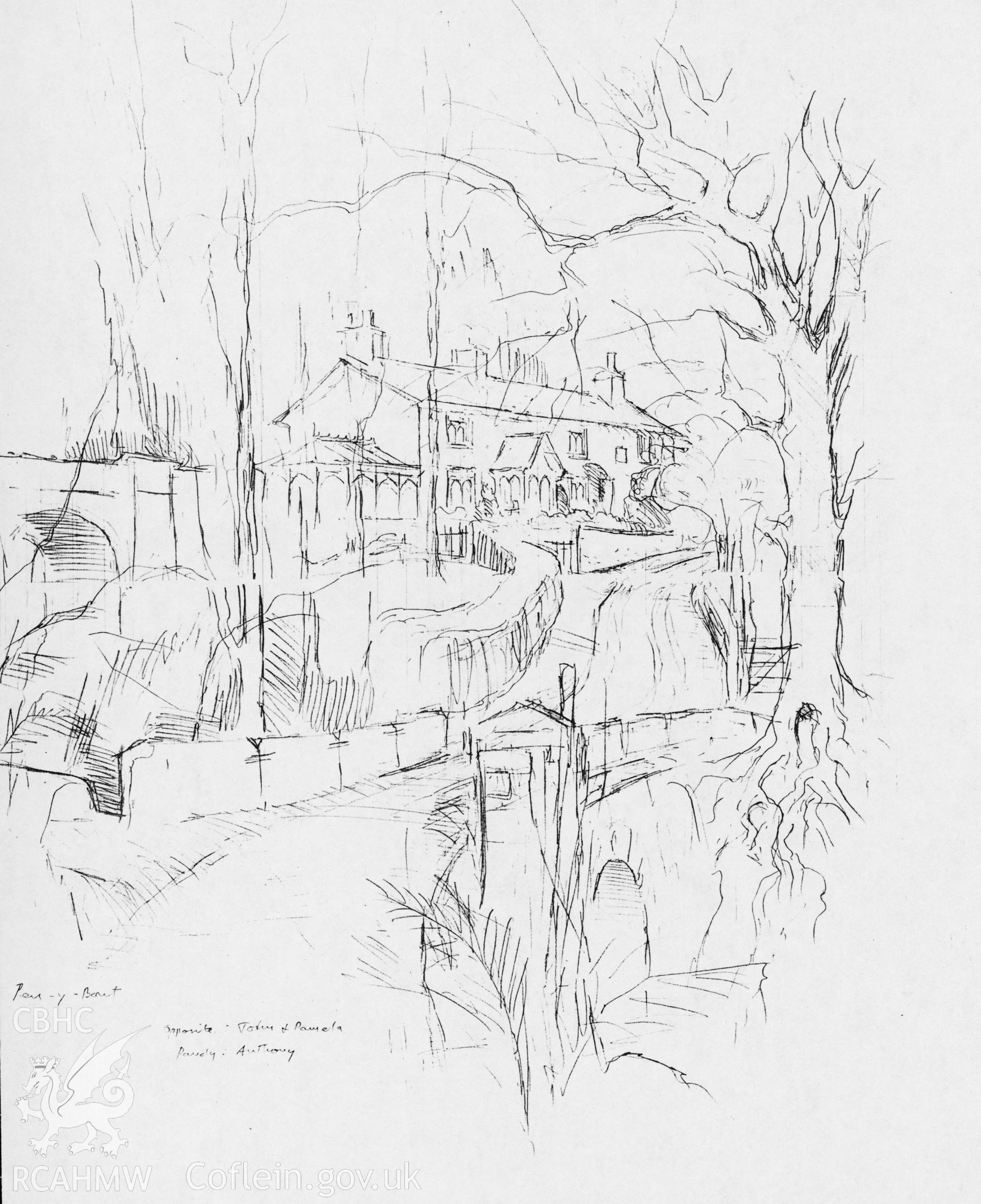 Pandy - View across bridge looking up lane: (ink and watercolour) drawing.
