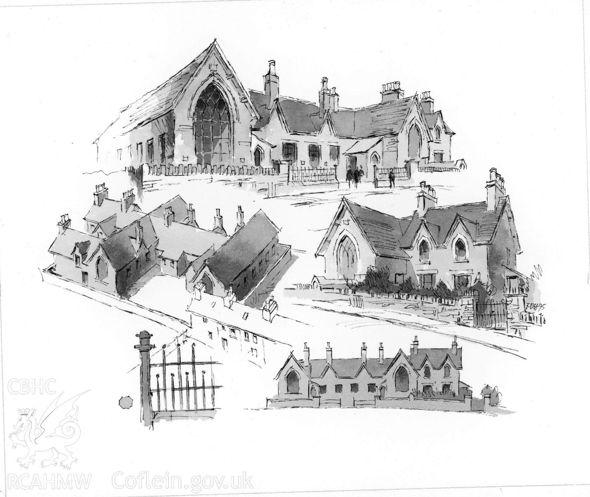 Manod School: (ink and watercolour) drawing.