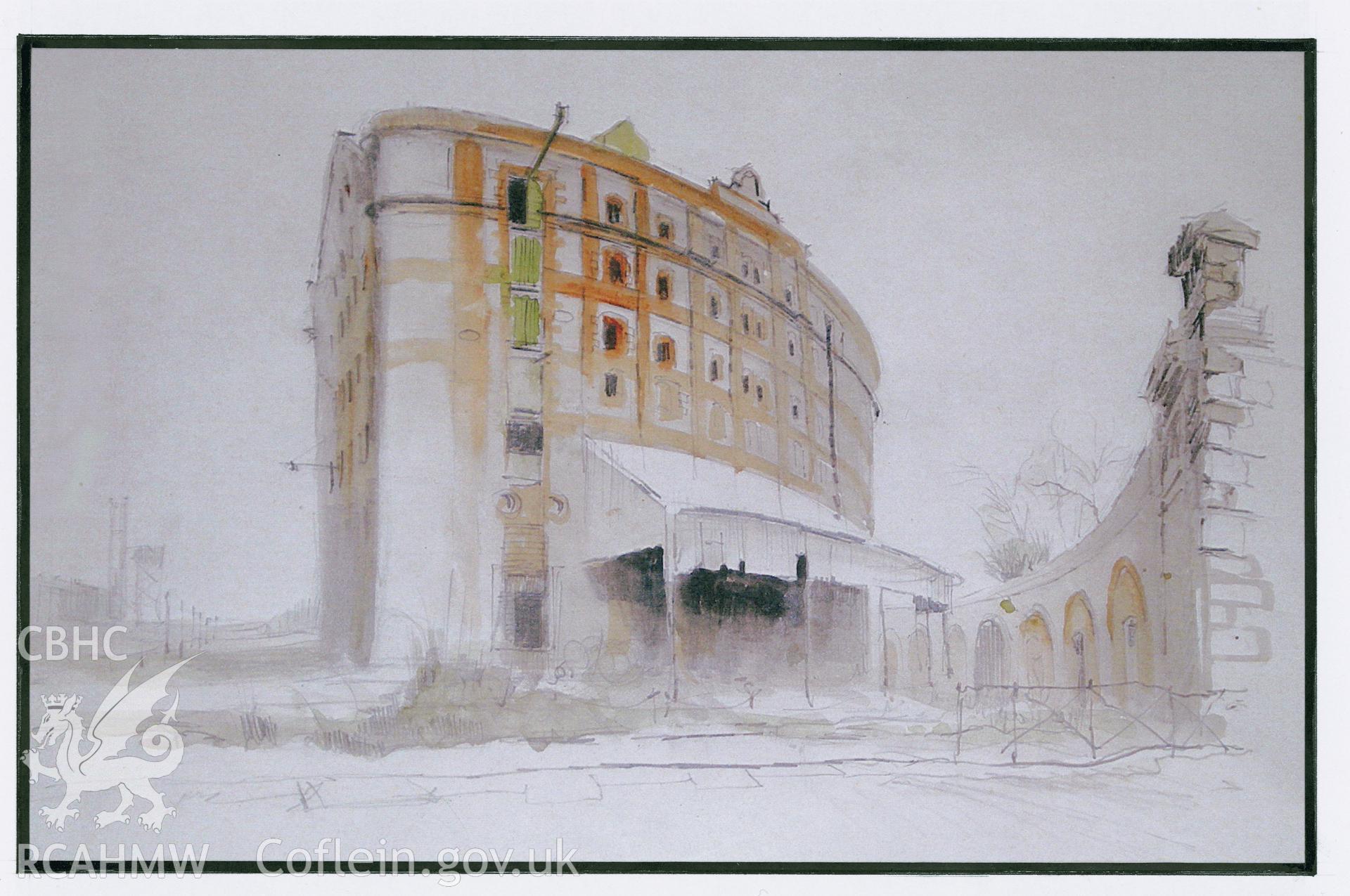 Spillers & Baker's curved warehouse: print of (pencil and watercolour) site sketch. Cardiff exhibition image, slide C20.