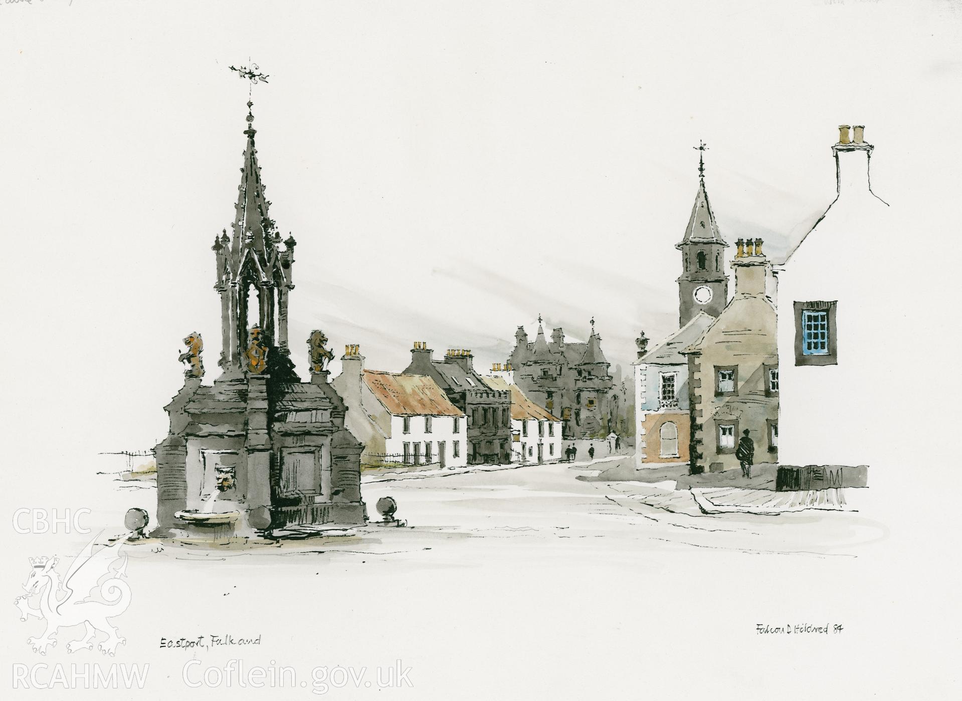 Eastport, Falkland, Scotland: (pencil and watercolour) site study and line copy drawing.
