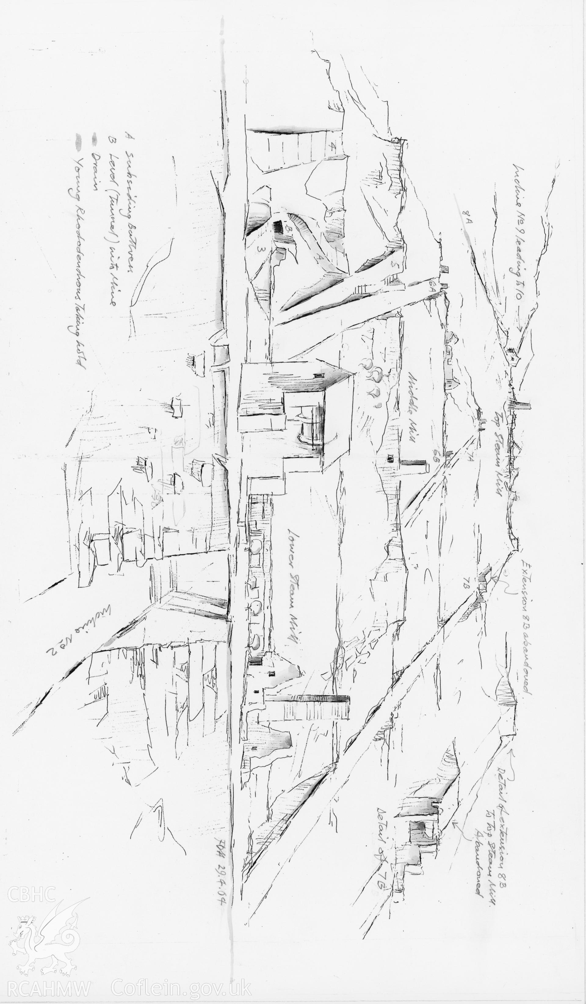 Inclines at Foty Bowydd Quarry: (pencil and watercolour) line print.