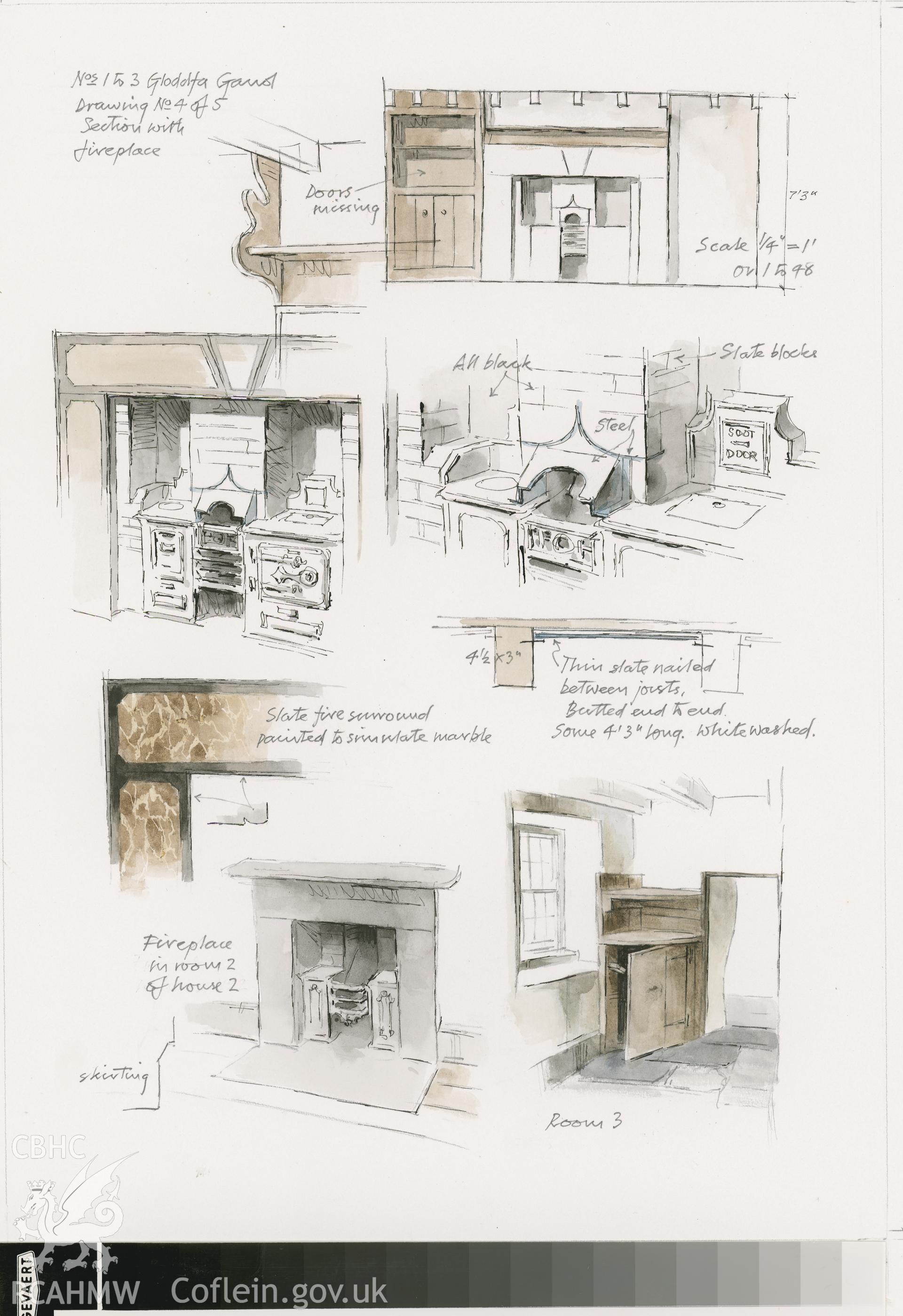 Gloddfa Ganol Cottages - Section of No. 4, looking to Fireplace: (pencil, ink and watercolour) drawing.
