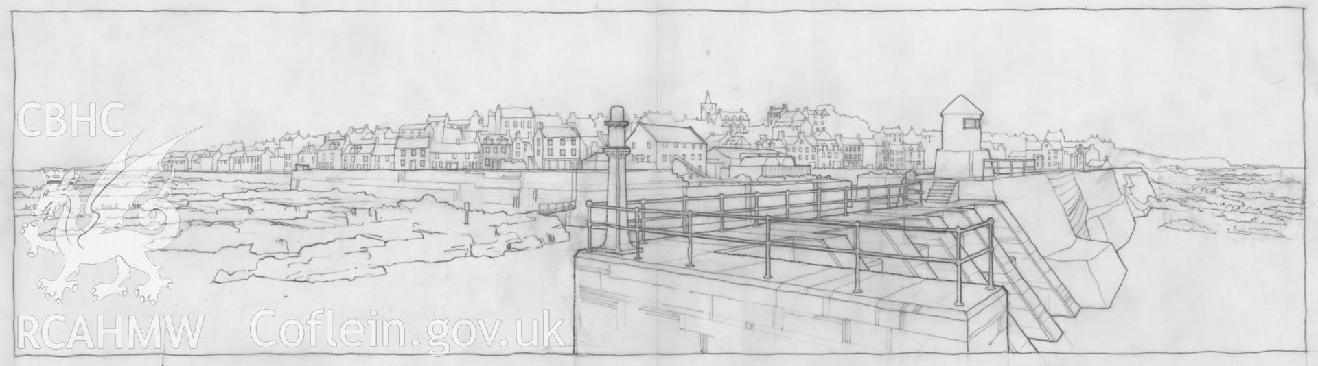 Pittenween, Scotland - Panorama from Harbour Entrance: (pencil) tracing from photograph.